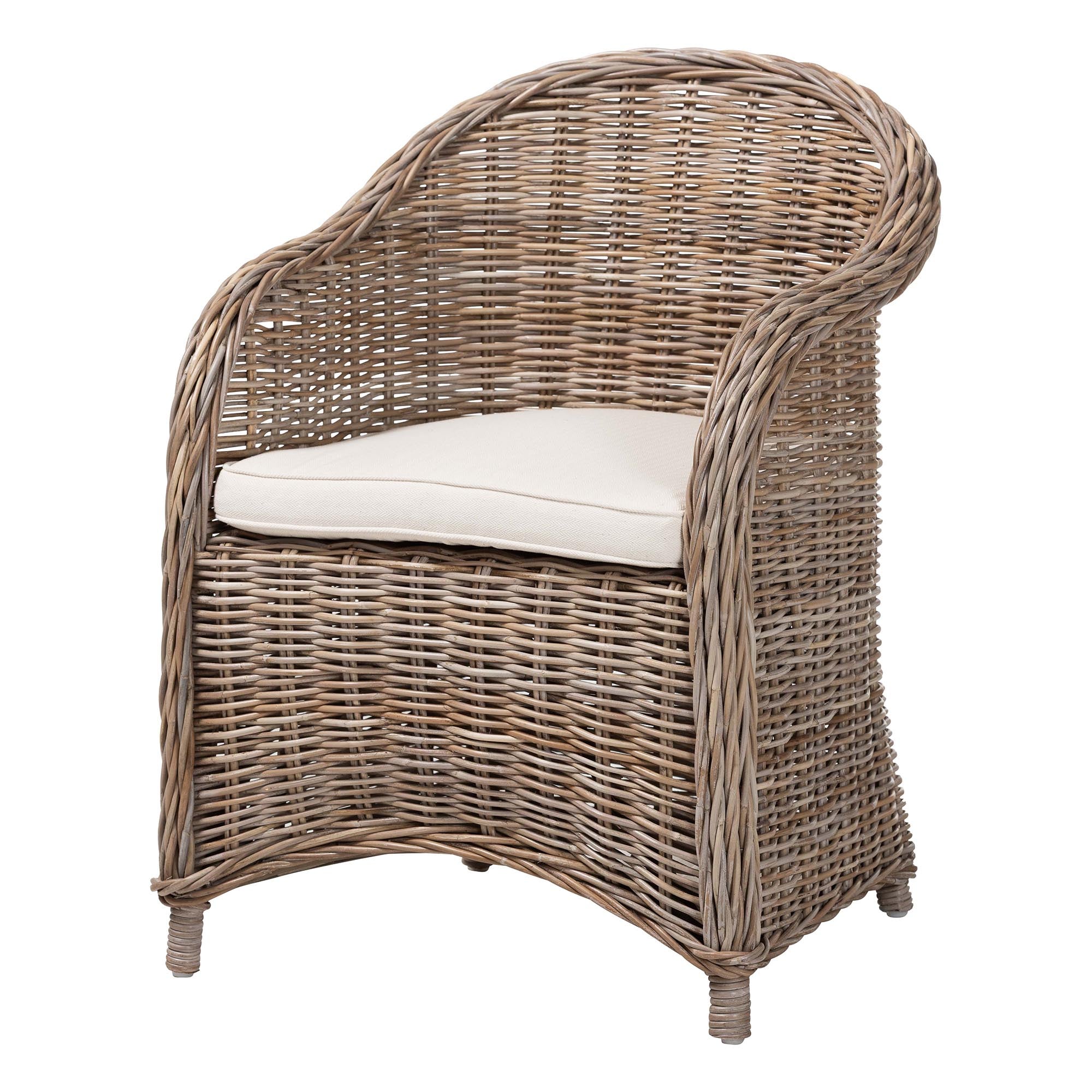 Amanda Natural Rattan Armchair - Handwoven Wicker Barrel Chair with Removable Cushion, Coastal Boho Style Accent Seating