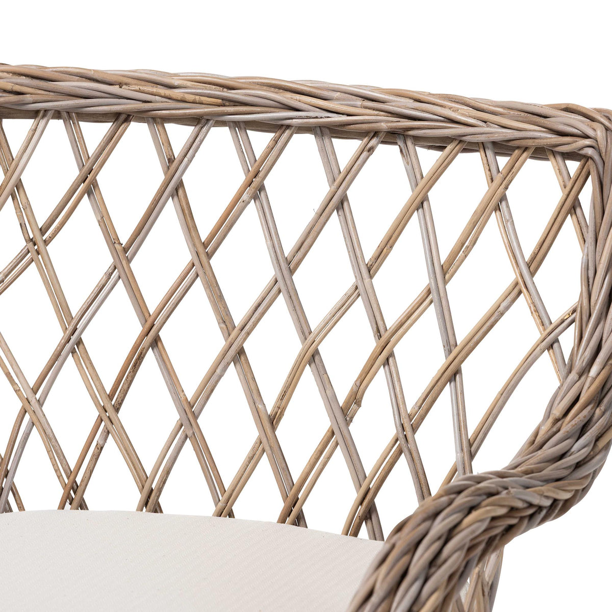 Debra Natural Rattan Armchair - Handwoven Open-Weave Wicker Armchair with Curved Silhouette & Removable Cushion, Coastal Boho Style Seating
