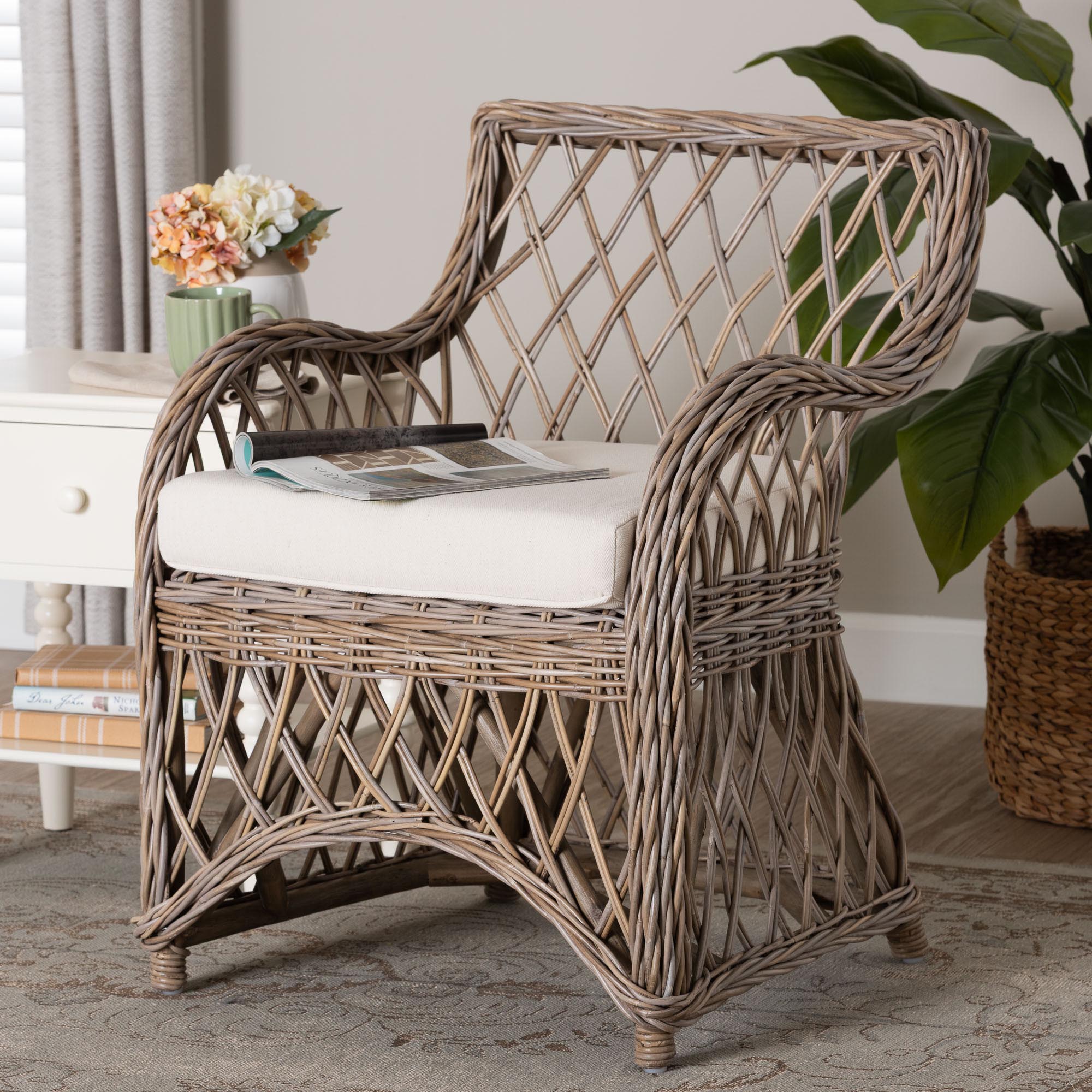 Debra Natural Rattan Armchair - Handwoven Open-Weave Wicker Armchair with Curved Silhouette & Removable Cushion, Coastal Boho Style Seating