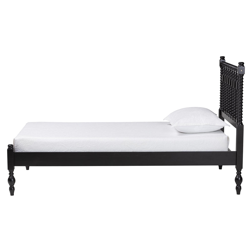 Callison Spindle Platform Bed - Turned Farmhouse Bed Frame with Spoked Headboard and Sculpted Legs, Black, Twin