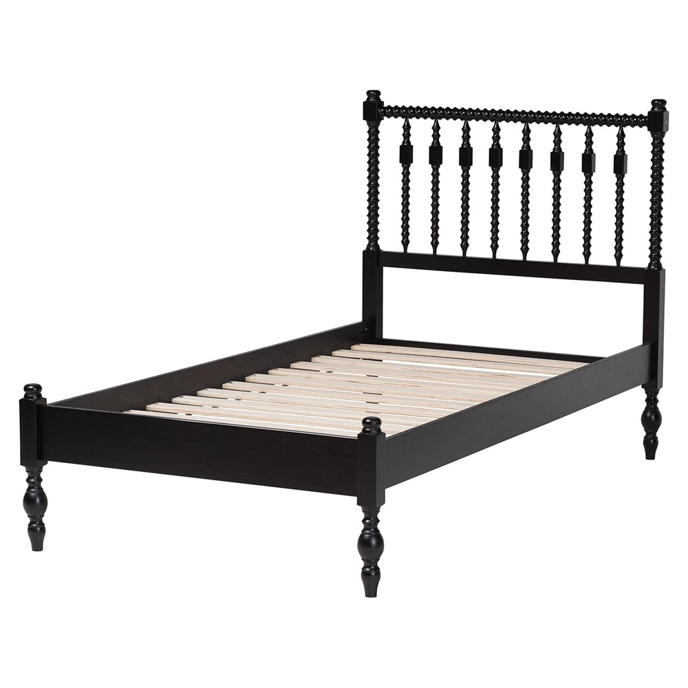 Callison Spindle Platform Bed - Turned Farmhouse Bed Frame with Spoked Headboard and Sculpted Legs, Black, Twin