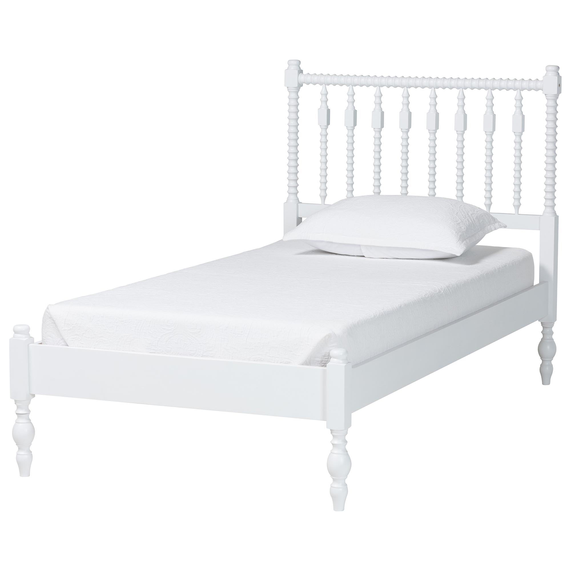 Callison Spindle Platform Bed - Turned Farmhouse Bed Frame with Spoked Headboard and Sculpted Legs, White, Twin