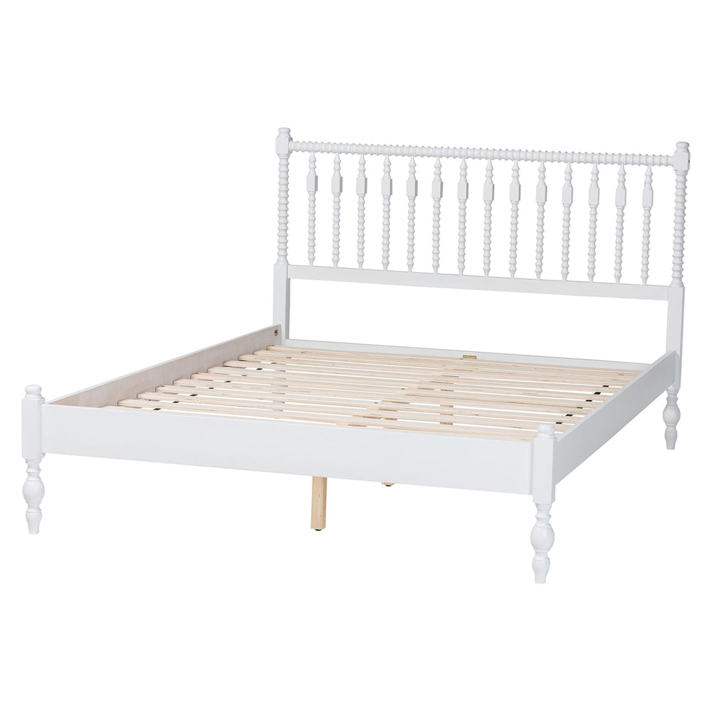 Callison Spindle Platform Bed - Turned Farmhouse Bed Frame with Spoked Headboard and Sculpted Legs, White, Queen