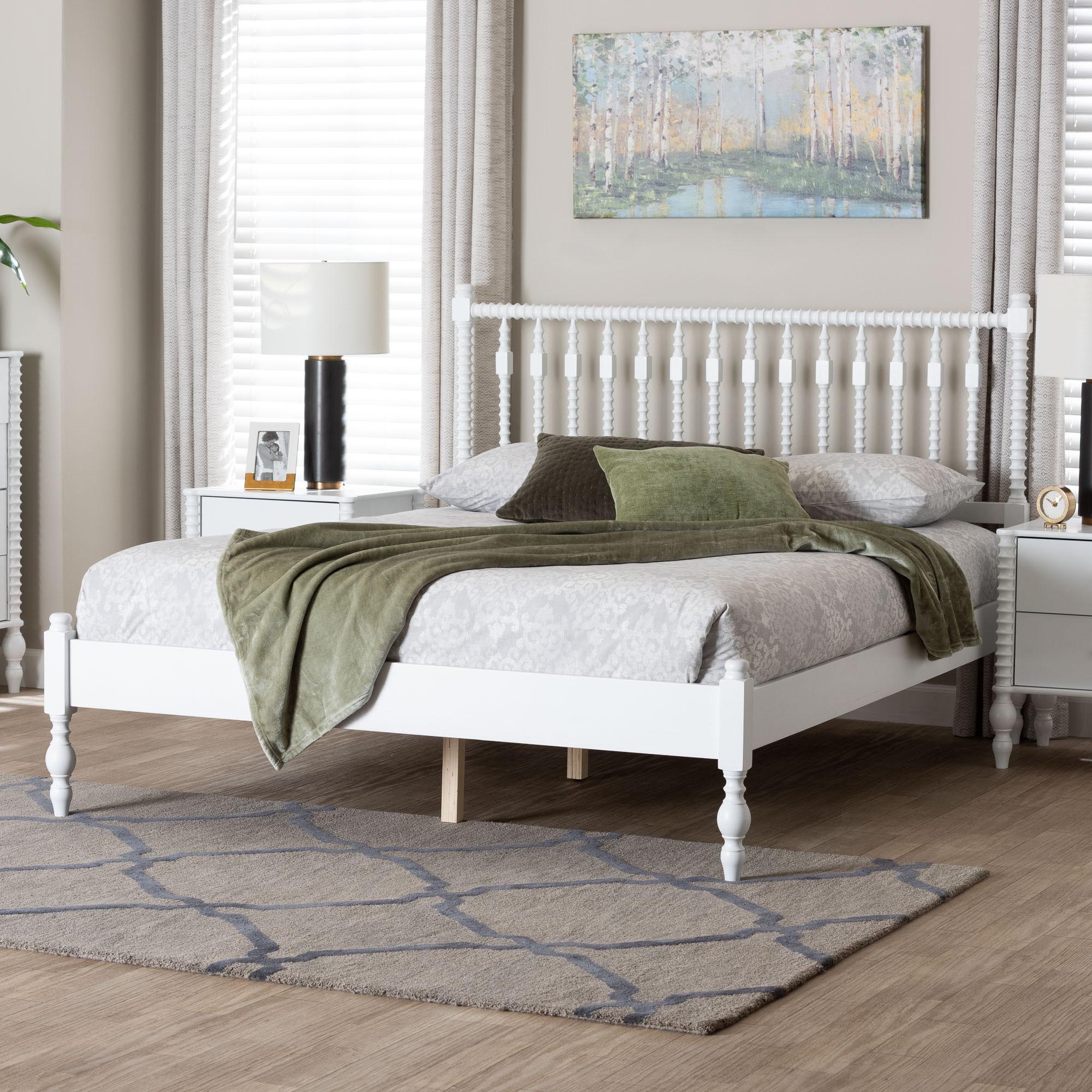 Callison Spindle Platform Bed - Turned Farmhouse Bed Frame with Spoked Headboard and Sculpted Legs, White, Queen