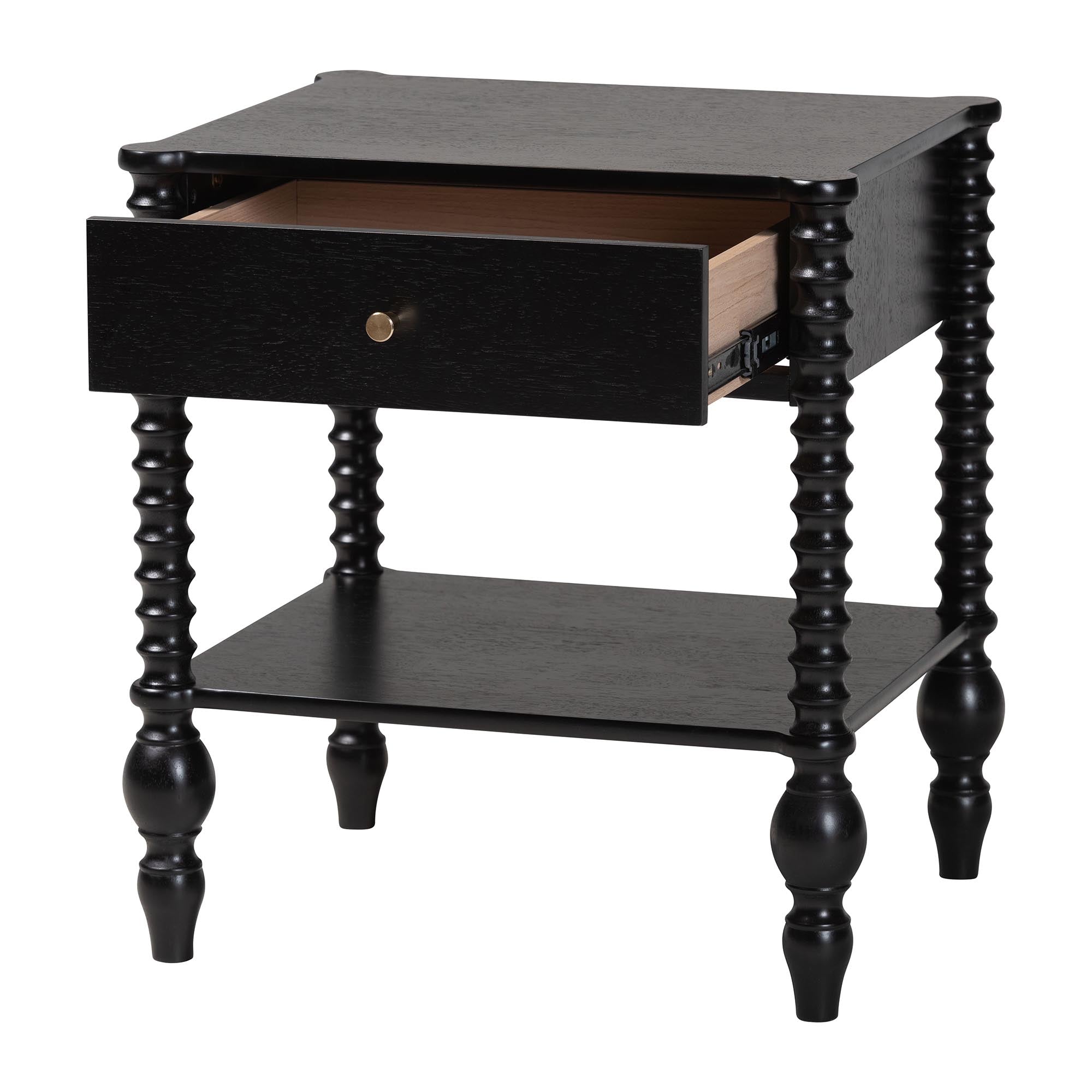 Callison Spindle Nightstand - 1-Drawer Farmhouse Bedside Table with Open Shelf Storage and Turned Accents for Bedroom, Black