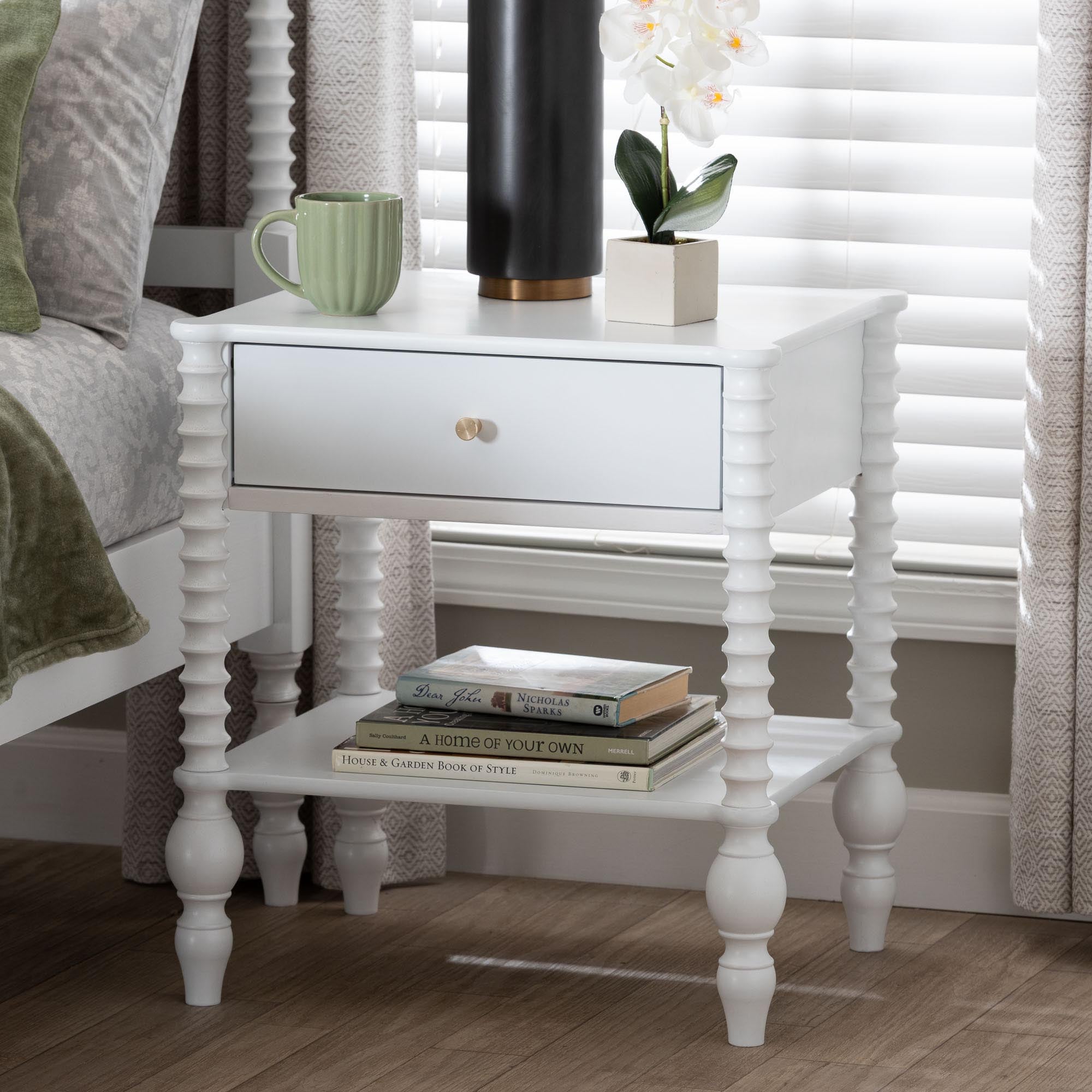 Callison Spindle Nightstand - 1-Drawer Farmhouse Bedside Table with Open Shelf Storage and Turned Accents for Bedroom, White