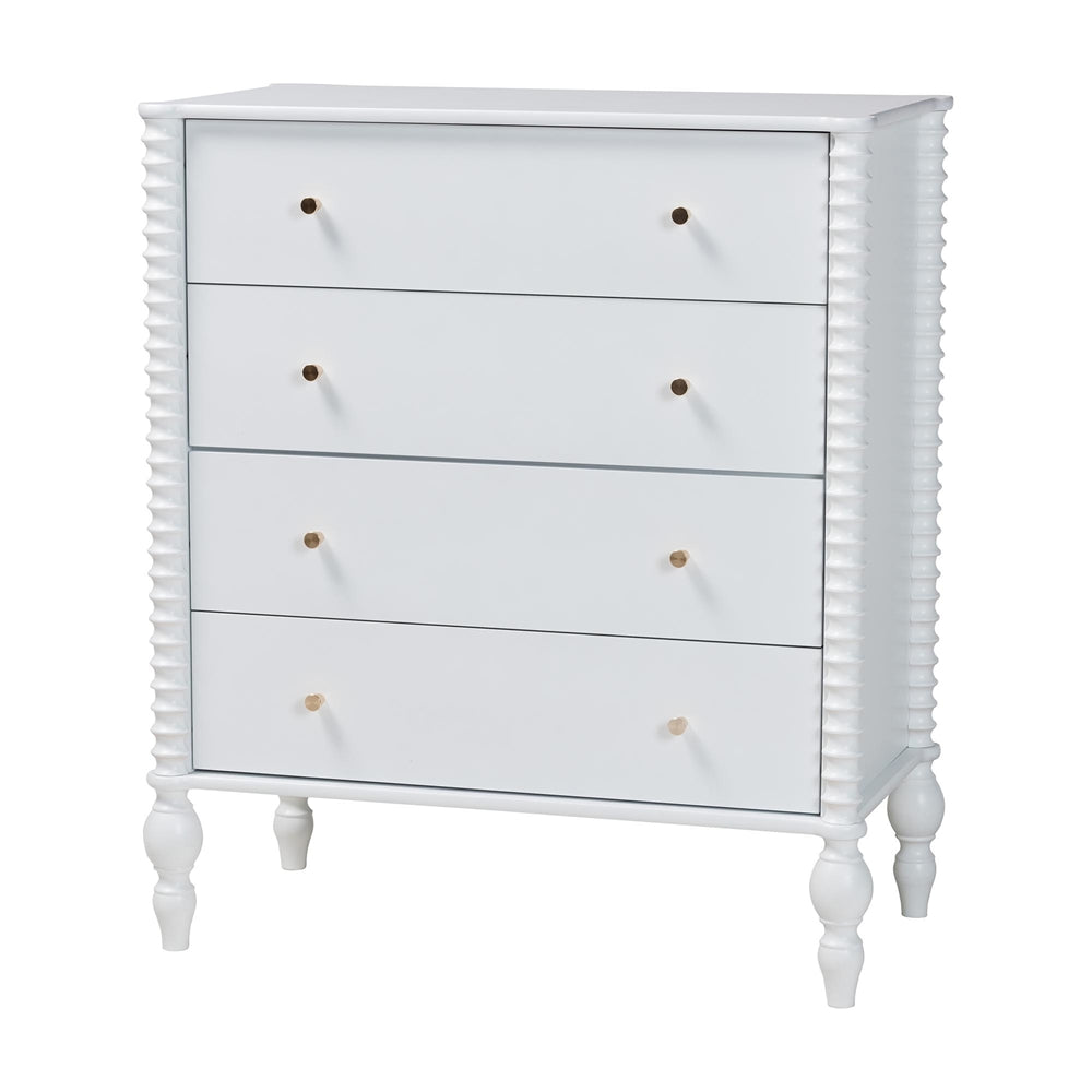 Callison Spindle Chest - 4-Drawer Farmhouse Vertical Cabinet with Turned Accents for Bedroom, White