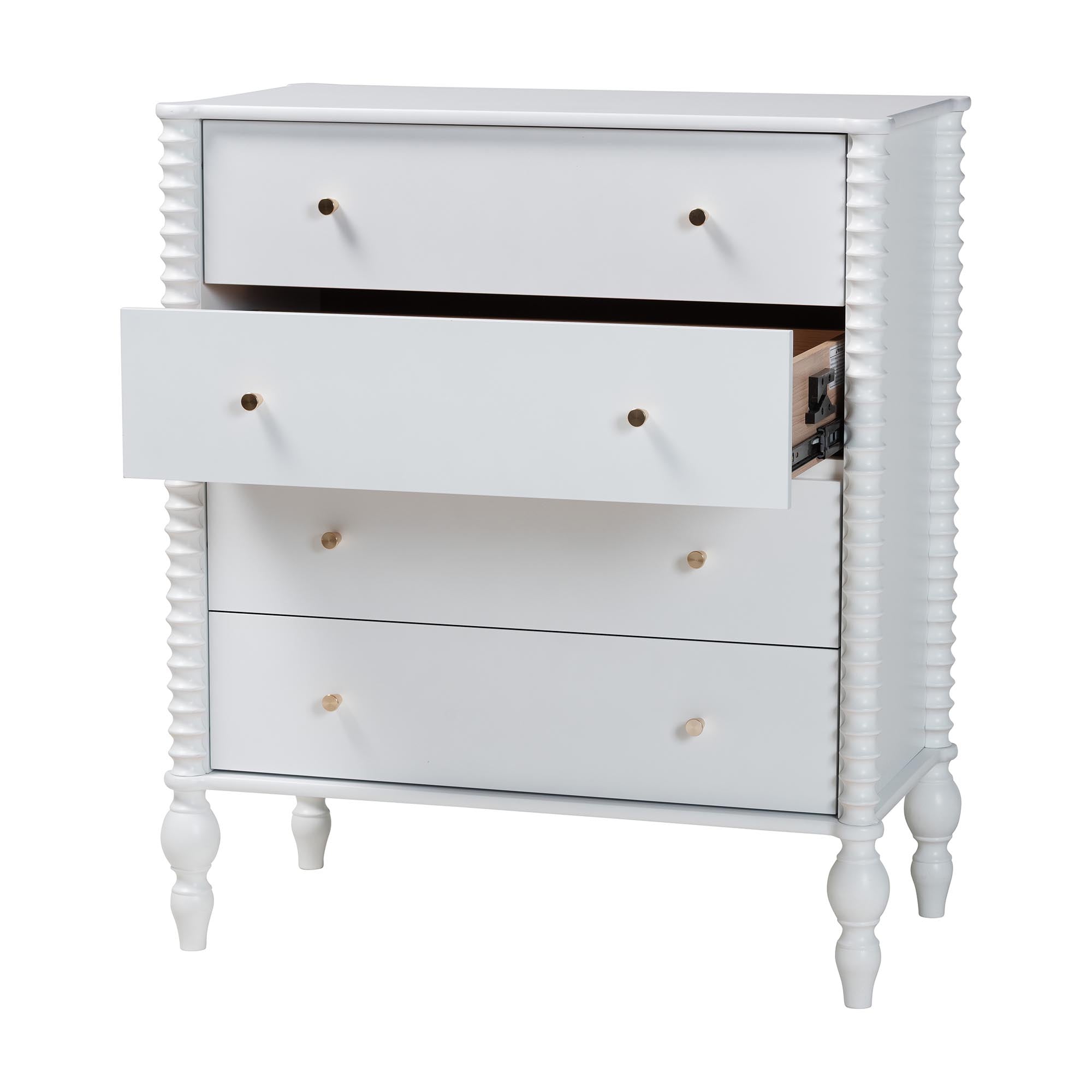 Callison Spindle Chest - 4-Drawer Farmhouse Vertical Cabinet with Turned Accents for Bedroom, White