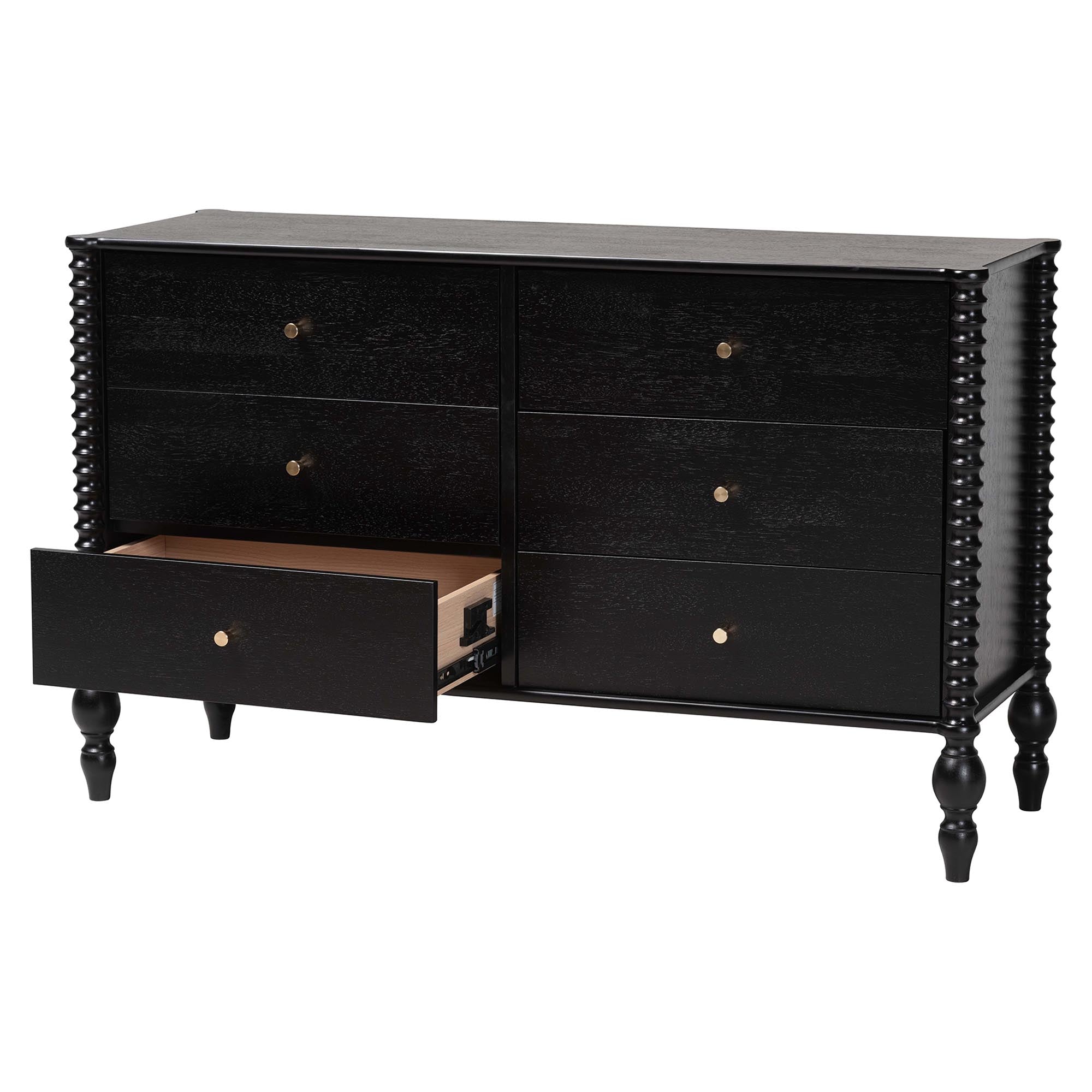 Callison Spindle Dresser - 6-Drawer Farmhouse Horizontal Cabinet with Turned Accents for Bedroom, Black