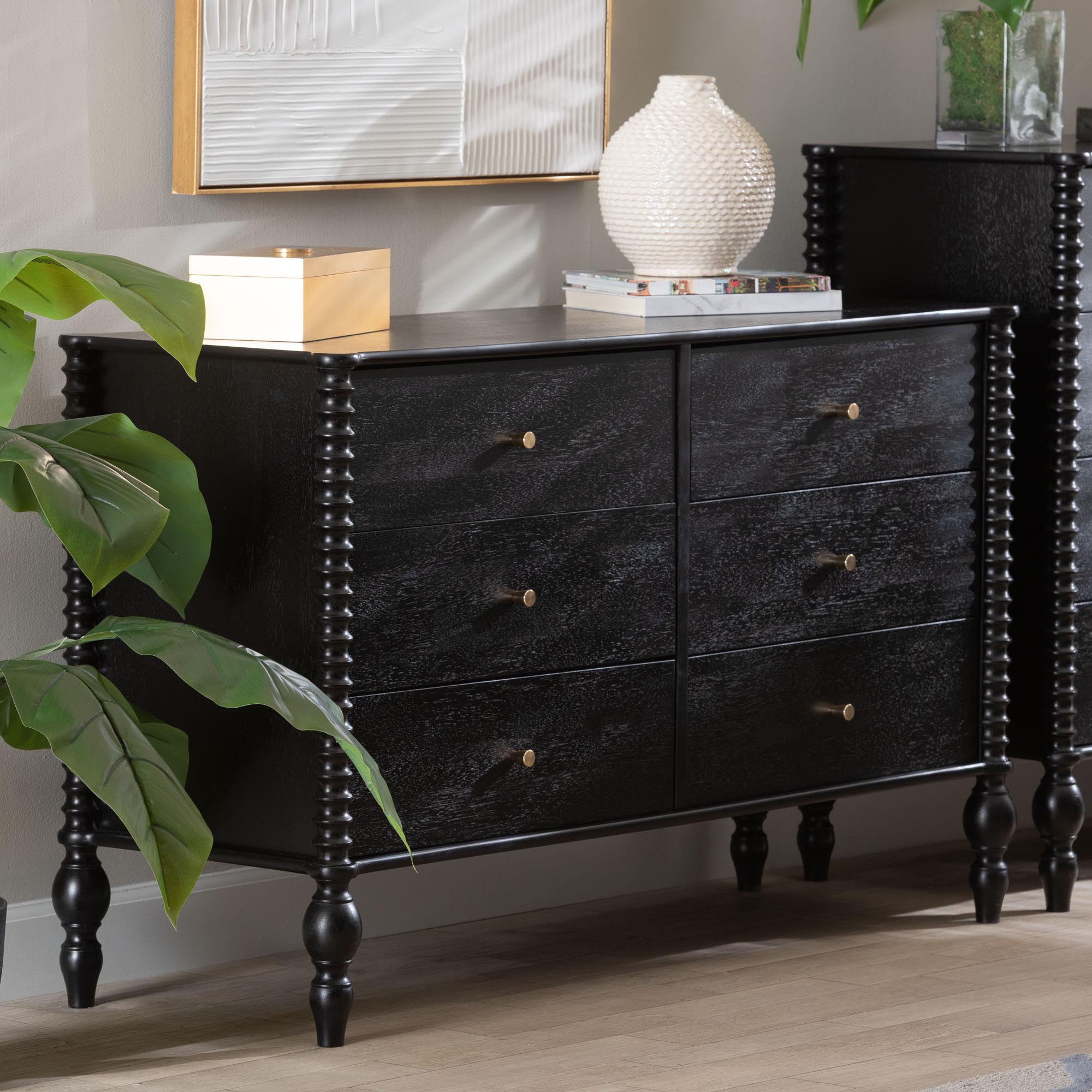 Callison Spindle Dresser - 6-Drawer Farmhouse Horizontal Cabinet with Turned Accents for Bedroom, Black