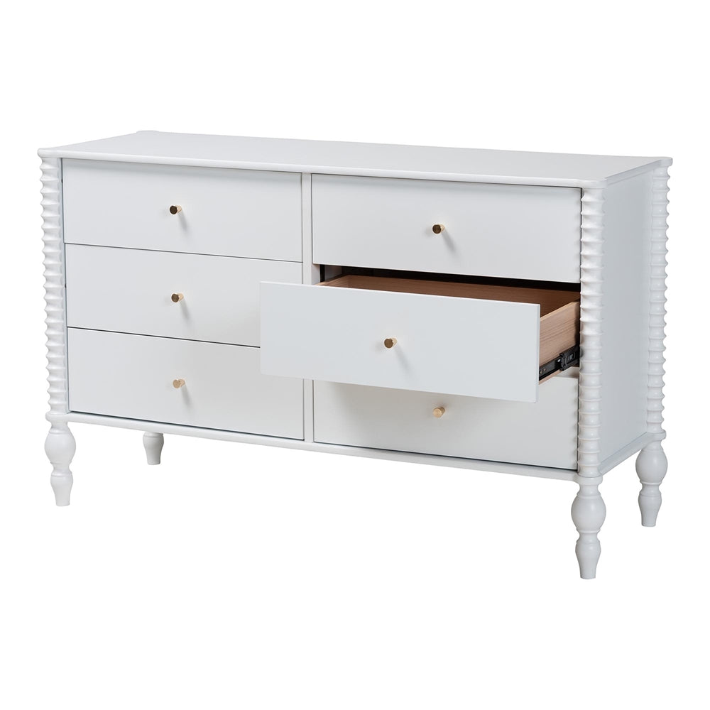 Callison Spindle Dresser - 6-Drawer Farmhouse Horizontal Cabinet with Turned Accents for Bedroom, White