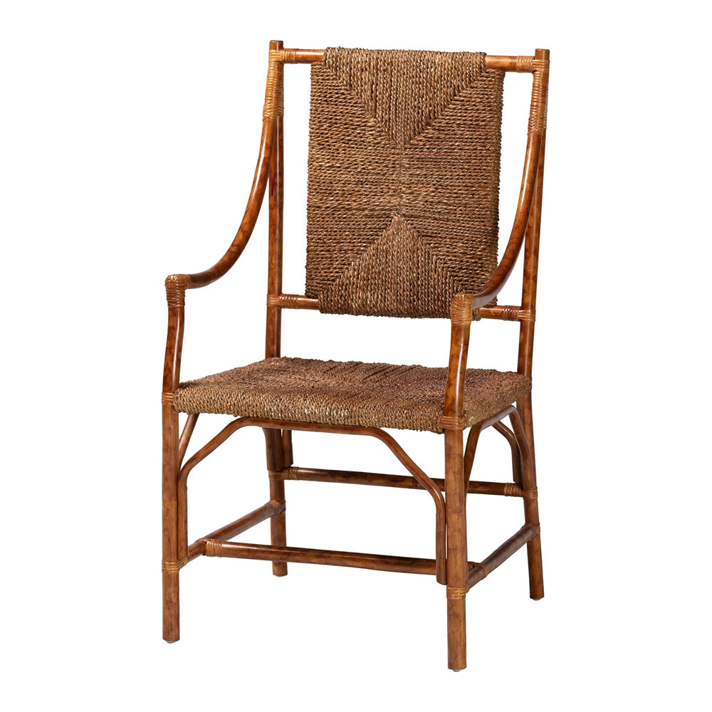 Ramos Marbled Tortoise Natural Rattan and Seagrass Armchair - Handwoven Wicker Chair, Rustic Boho Accent Seating for Living Room or Lounge