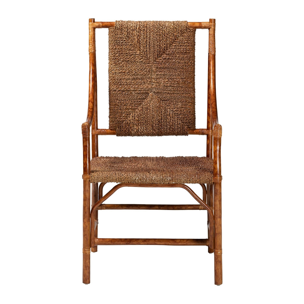 Ramos Marbled Tortoise Natural Rattan and Seagrass Armchair - Handwoven Wicker Chair, Rustic Boho Accent Seating for Living Room or Lounge