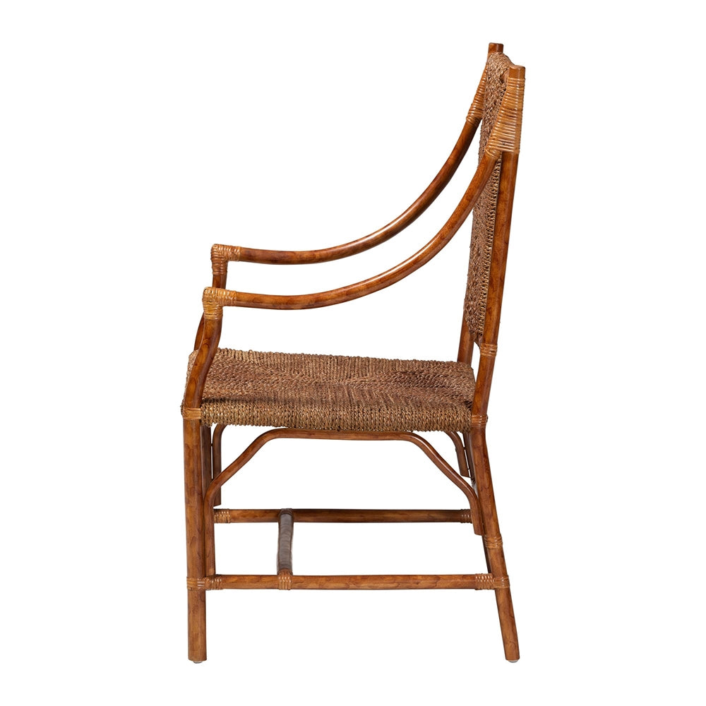 Ramos Marbled Tortoise Natural Rattan and Seagrass Armchair - Handwoven Wicker Chair, Rustic Boho Accent Seating for Living Room or Lounge