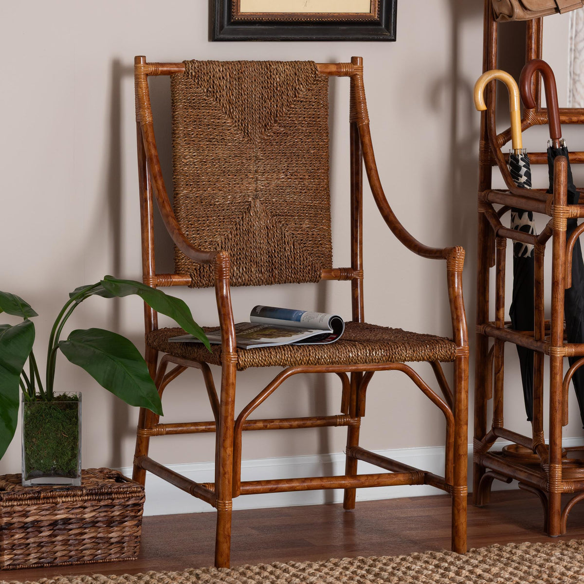 Ramos Marbled Tortoise Natural Rattan and Seagrass Armchair - Handwoven Wicker Chair, Rustic Boho Accent Seating for Living Room or Lounge