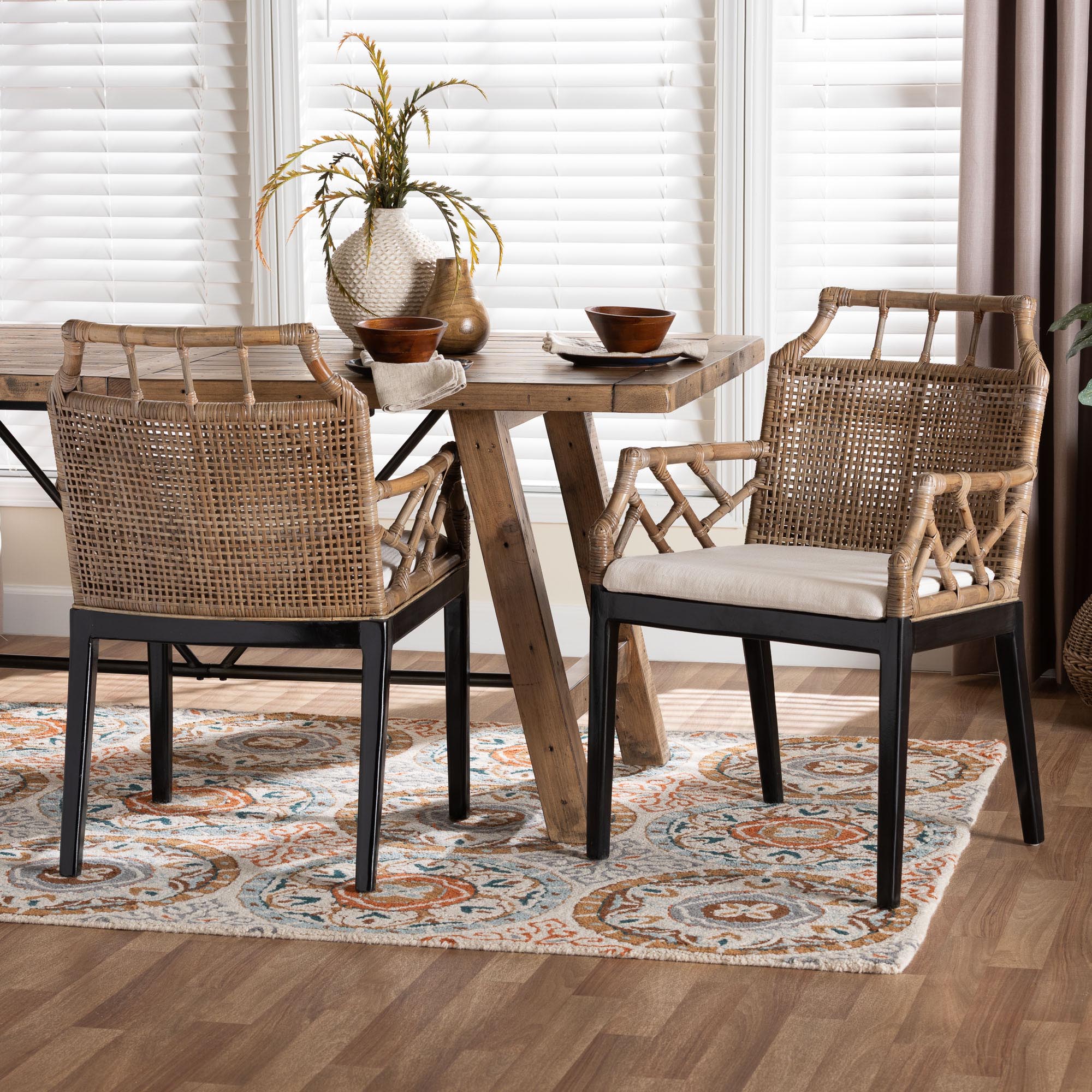 Abiel Natural Rattan 2-Piece Dining Armchair Set with Cushion - Handwoven Wicker Chair with Mahogany Wood Frame, Coastal Boho Seating for Dining Room or Kitchen