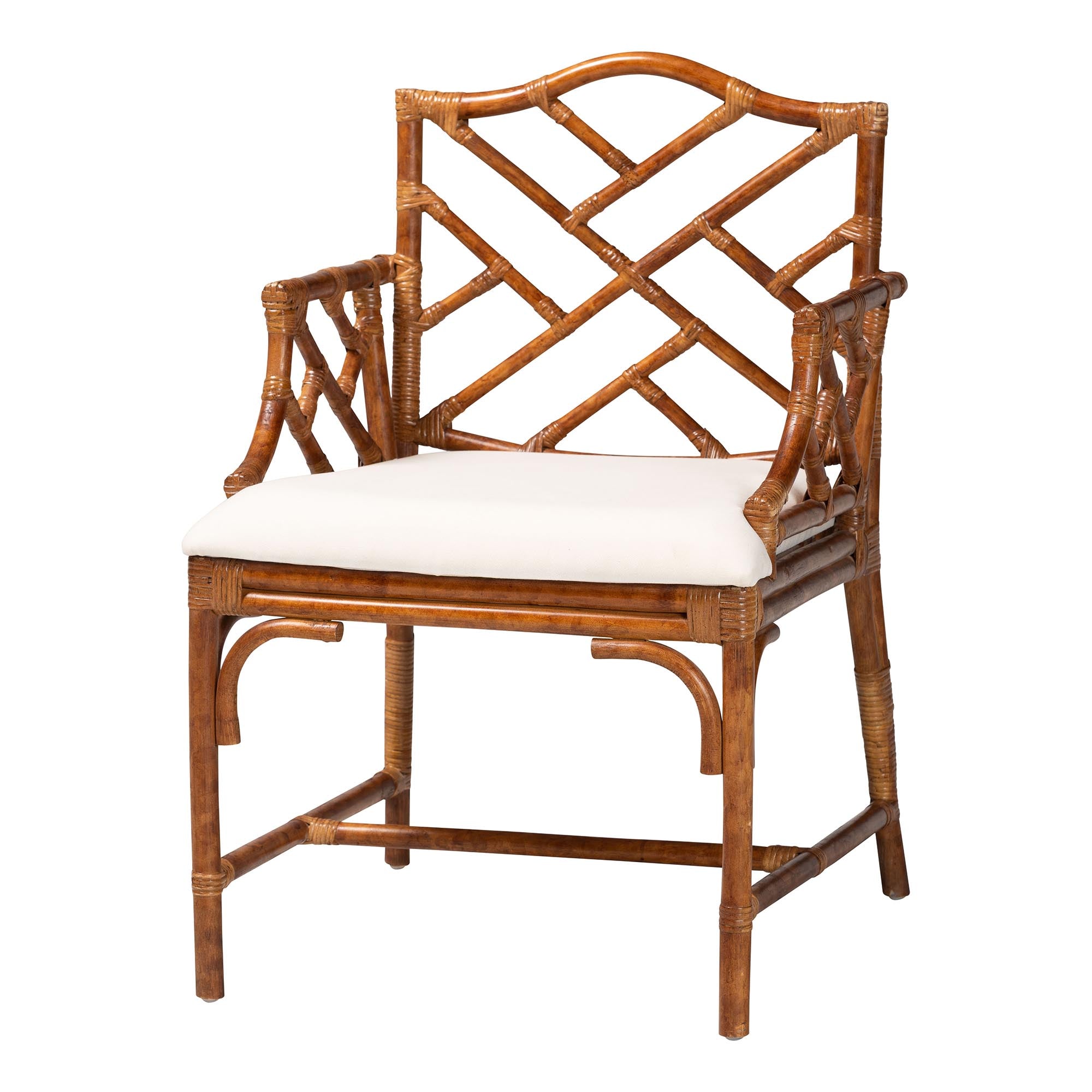 Aella Marbled Tortoise Natural Rattan Armchair - Handcrafted Wicker Accent Seating with Open Back, Boho Coastal Seating for Living Room