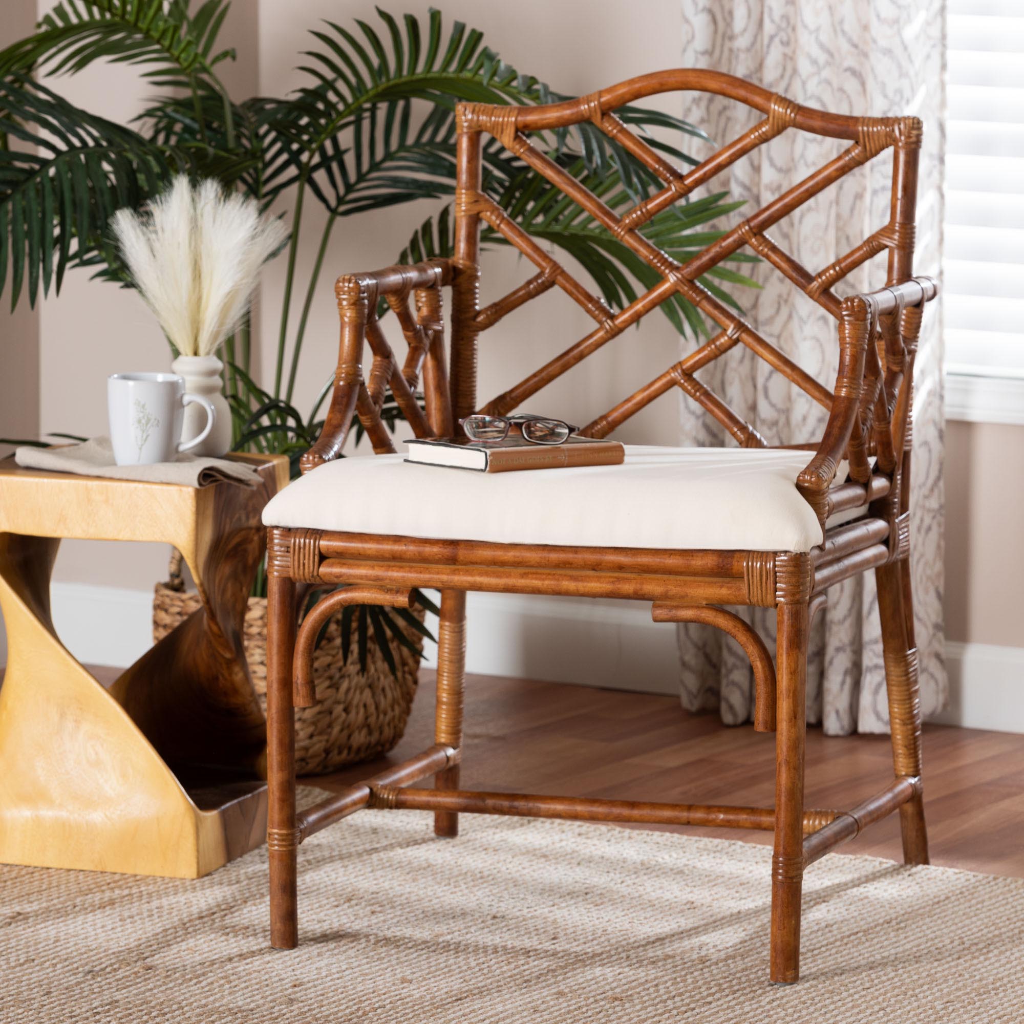 Aella Marbled Tortoise Natural Rattan Armchair - Handcrafted Wicker Accent Seating with Open Back, Boho Coastal Seating for Living Room