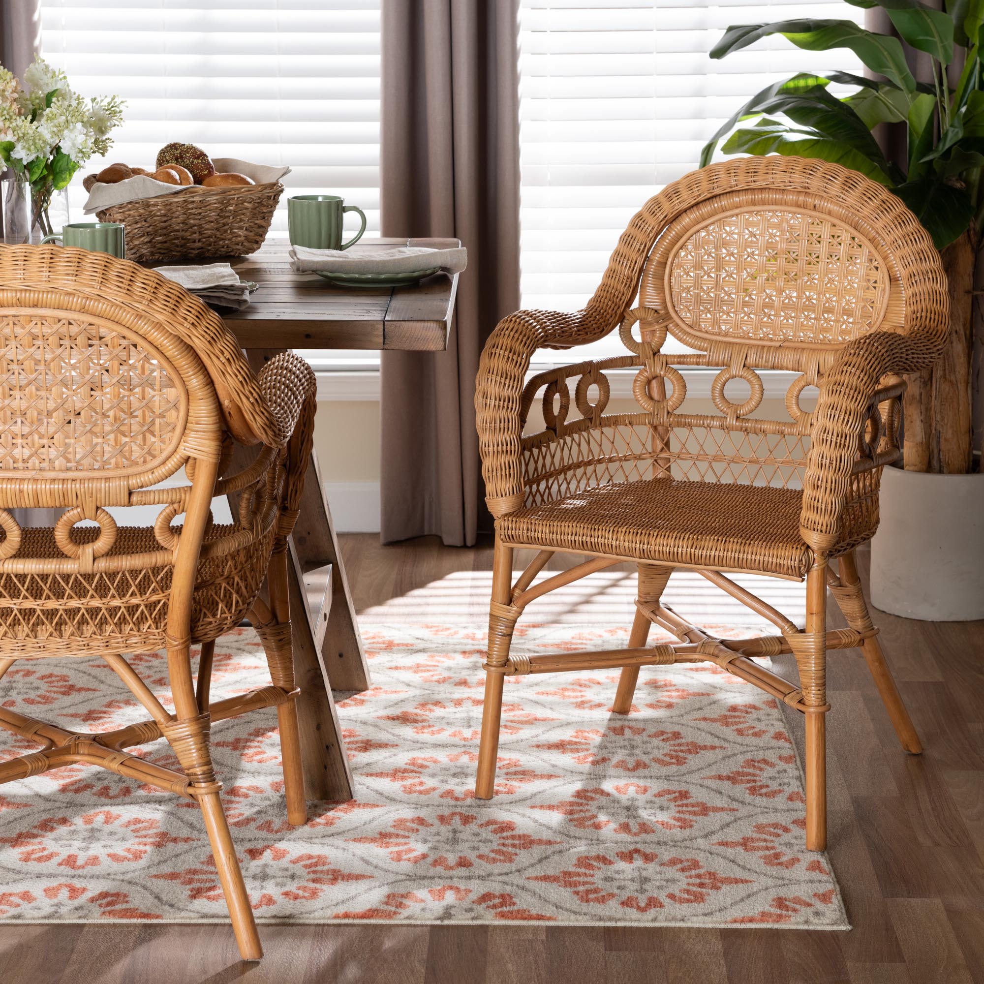 Abigale Natural Rattan Dining Chair - Handwoven Wicker Accent Chair with Arms and Openwork Frame for Kitchen or Dining Room