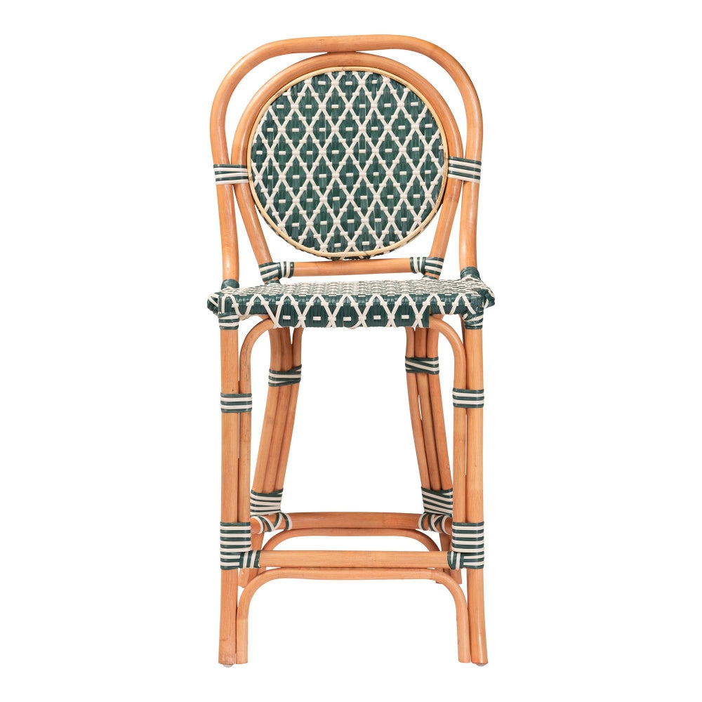 Mattie Rattan Bistro Counter Stool - Handwoven Accent Seating with Backrest for Kitchen Island or Indoor/Outdoor Lounge, Green