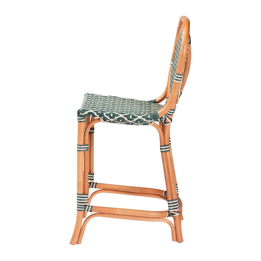 Mattie Rattan Bistro Counter Stool - Handwoven Accent Seating with Backrest for Kitchen Island or Indoor/Outdoor Lounge, Green