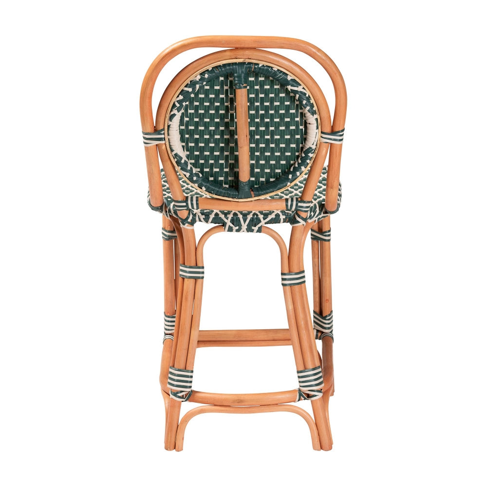 Mattie Rattan Bistro Counter Stool - Handwoven Accent Seating with Backrest for Kitchen Island or Indoor/Outdoor Lounge, Green