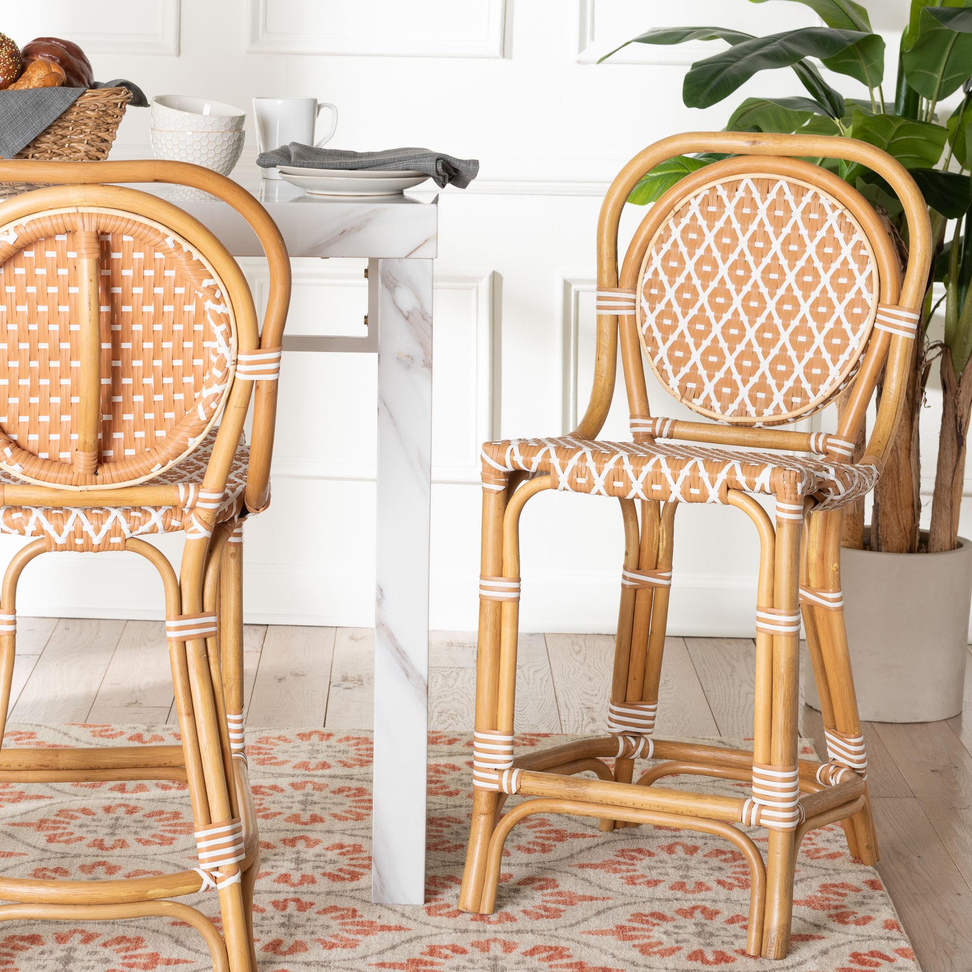 Mattie Rattan Bistro Counter Stool - Handwoven Accent Seating with Backrest for Kitchen Island or Indoor/Outdoor Lounge, Beige