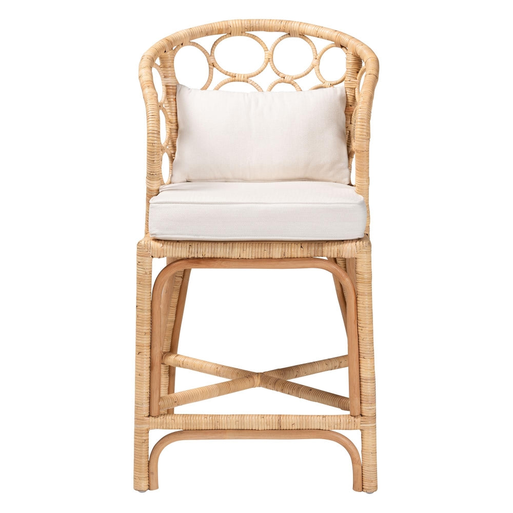 Prisca Natural Rattan Counter Stool with Bubble Frame - Handwoven Wicker Accent Stool with Round Back and Removable Cushions for Kitchen Island or Lounge