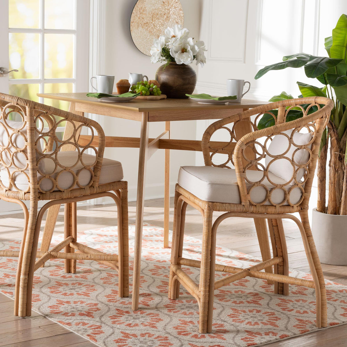 Prisca Natural Rattan Counter Stool with Bubble Frame - Handwoven Wicker Accent Stool with Round Back and Removable Cushions for Kitchen Island or Lounge