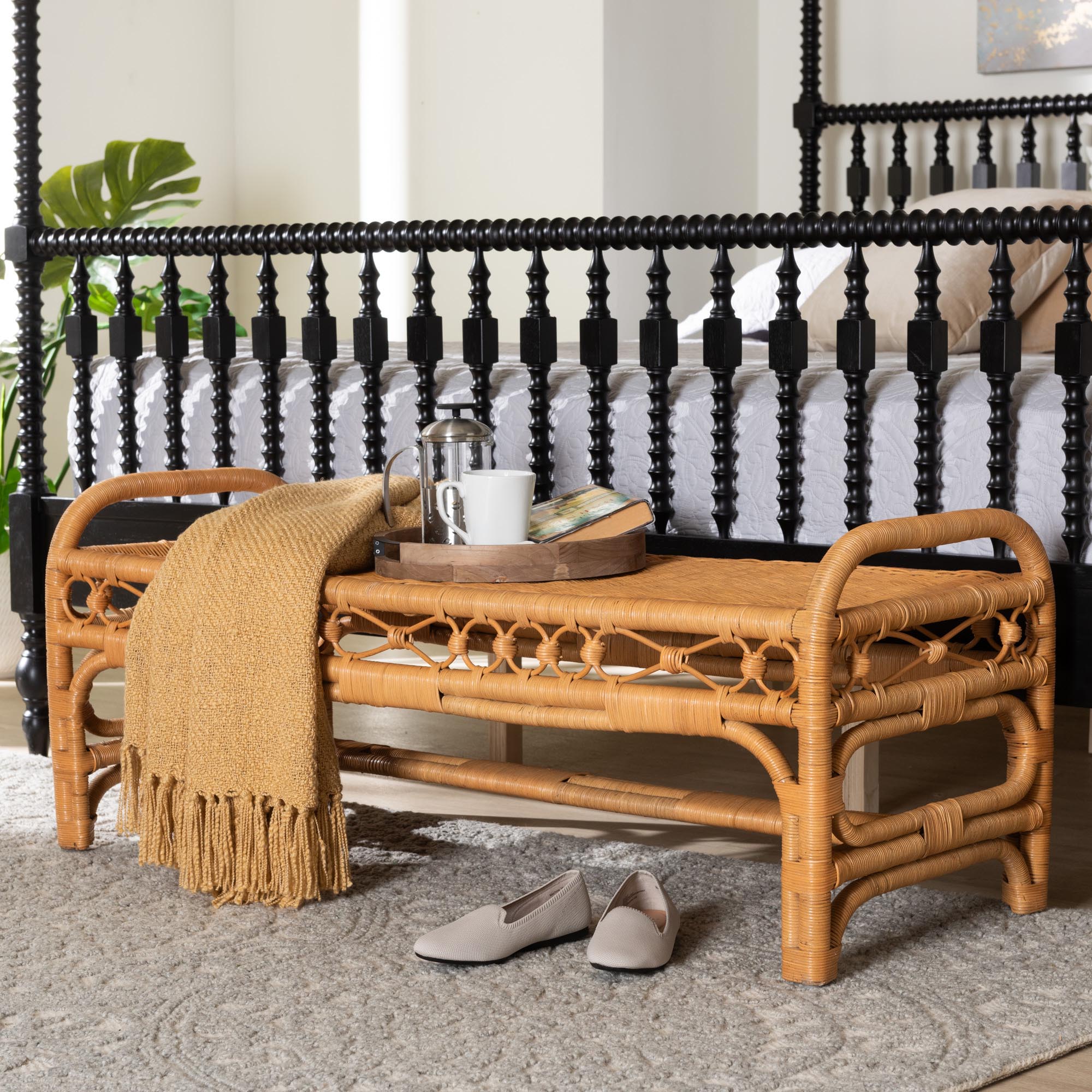 Ayala Natural Rattan Accent Bench - Handwoven Wicker Accent Seating with Decorative Apron and Integrated Handles for Living Room, Bedroom, Or Entryway