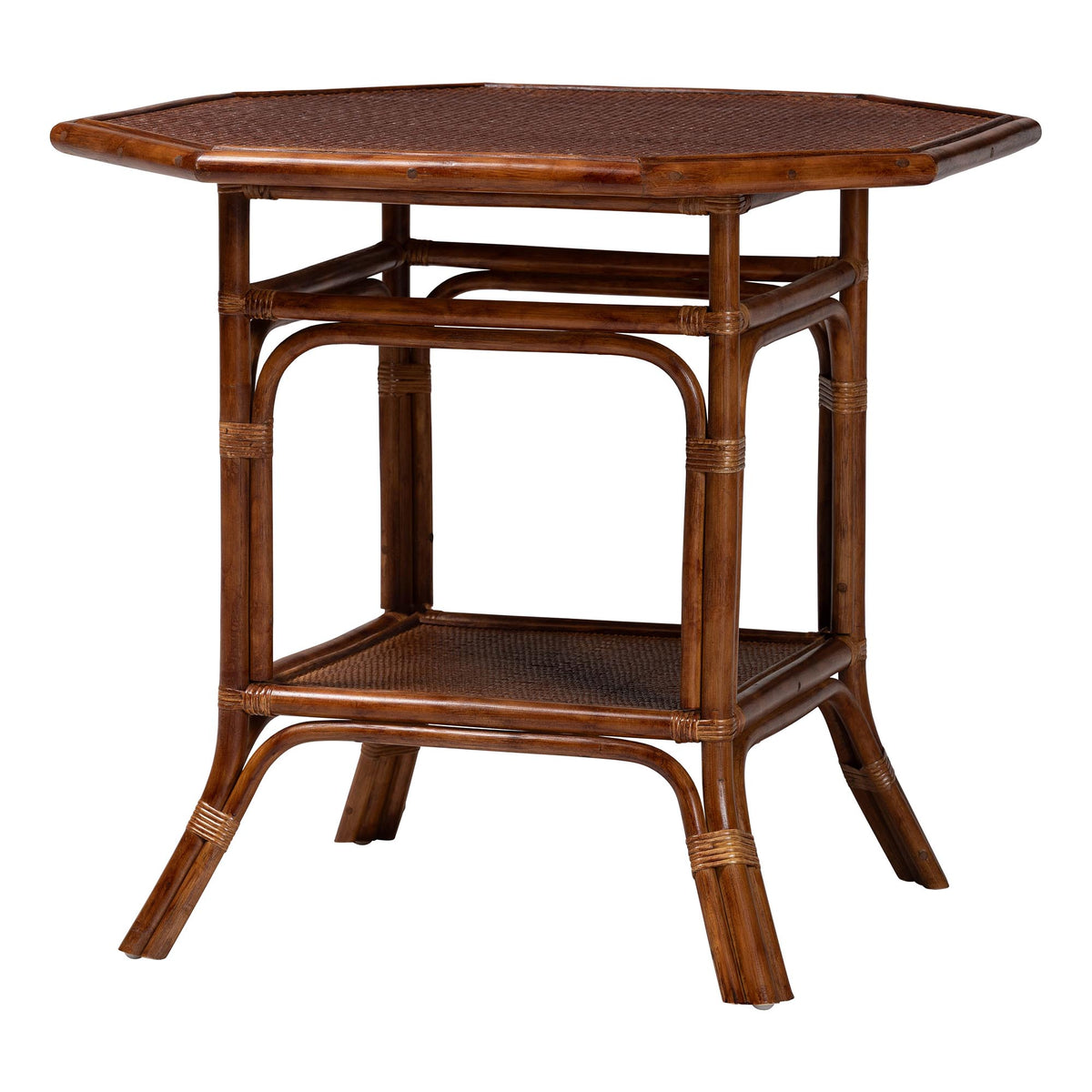 Jayanti Marbled Tortoise Natural Rattan Dining Table - Handwoven Wicker Bistro Table with Open Shelf