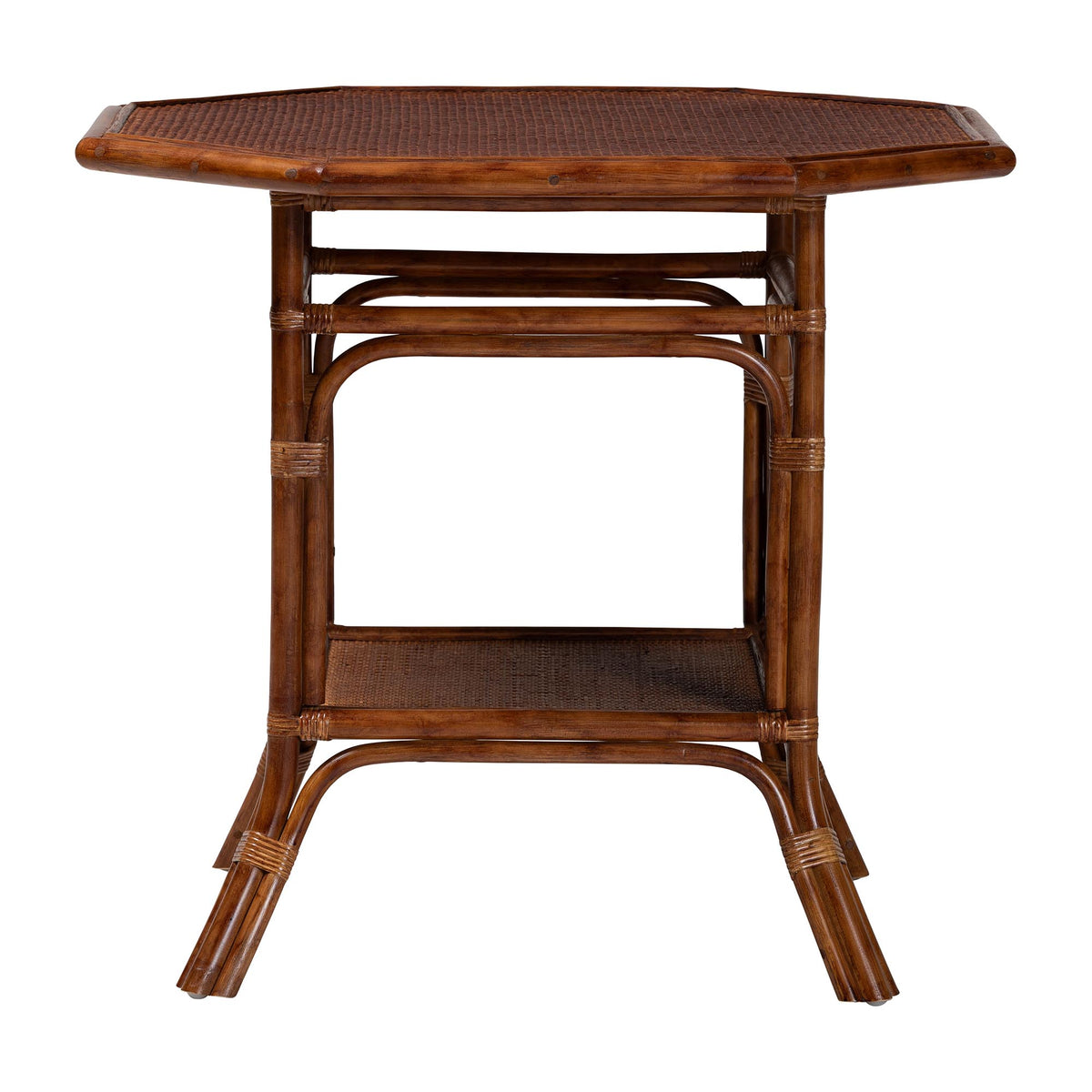 Jayanti Marbled Tortoise Natural Rattan Dining Table - Handwoven Wicker Bistro Table with Open Shelf