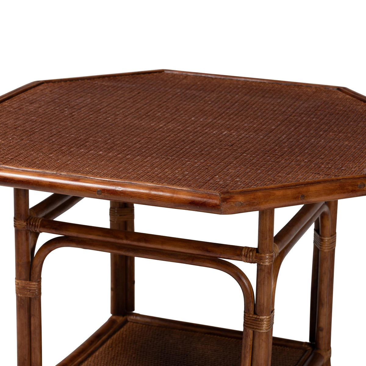 Jayanti Marbled Tortoise Natural Rattan Dining Table - Handwoven Wicker Bistro Table with Open Shelf