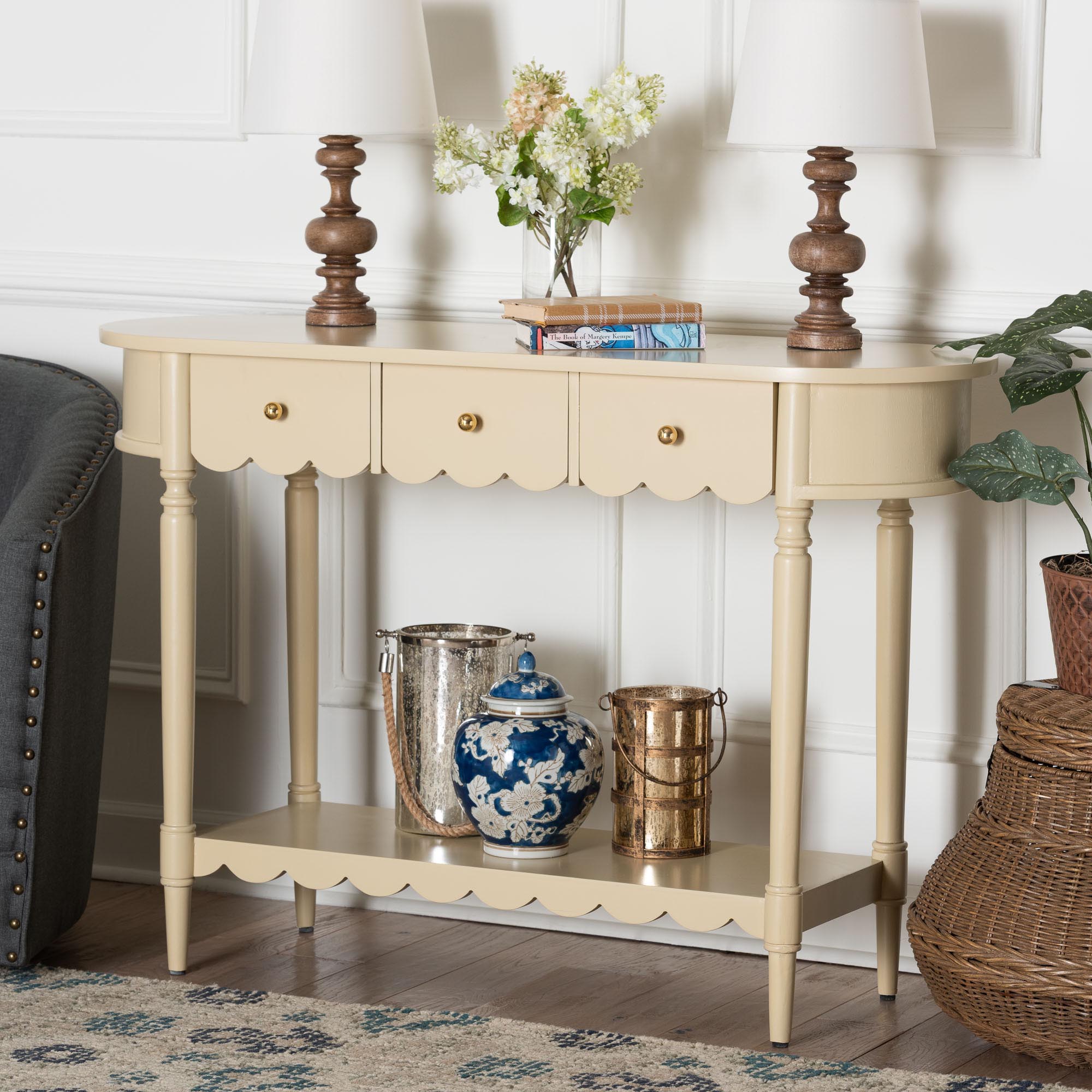 Liba Console Table - 3-Drawer Accent Table with Scalloped Detailing and Open Shelf Storage for Hallway, Entryway, or Living Room