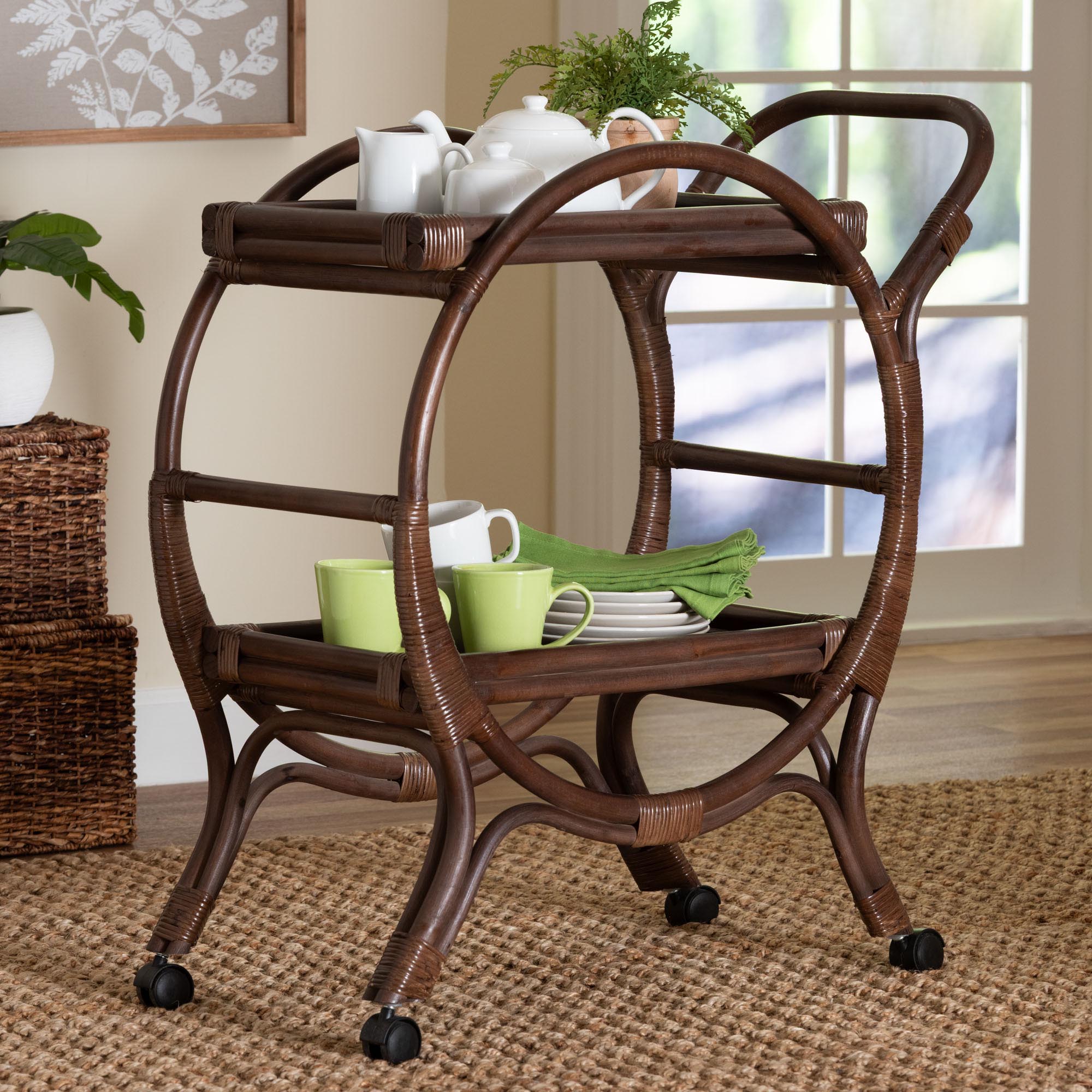 Selah Natural Rattan Kitchen Cart - Handwoven Wicker 2-Tier Mobile Serving Cart with Tray Top