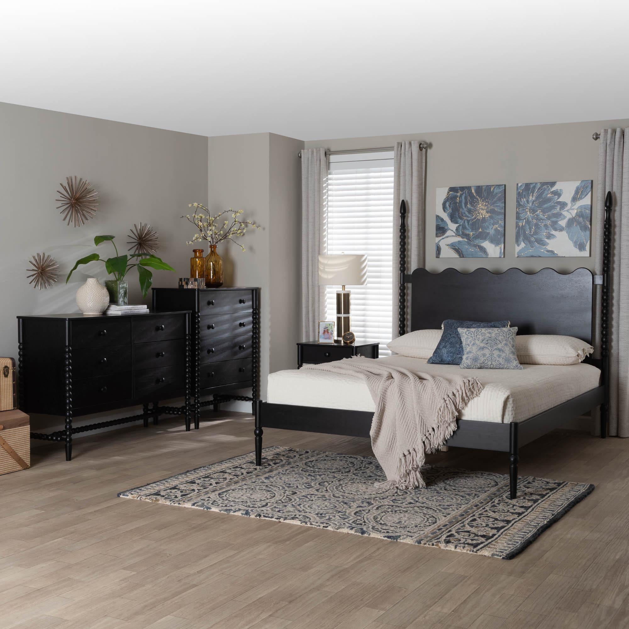 Baxton Studio Brantley Spindle 4-Piece Bedroom Set - Farmhouse Bed Frame with Matching Dresser, Chest, and 1-Drawer Nightstand, Black, Queen