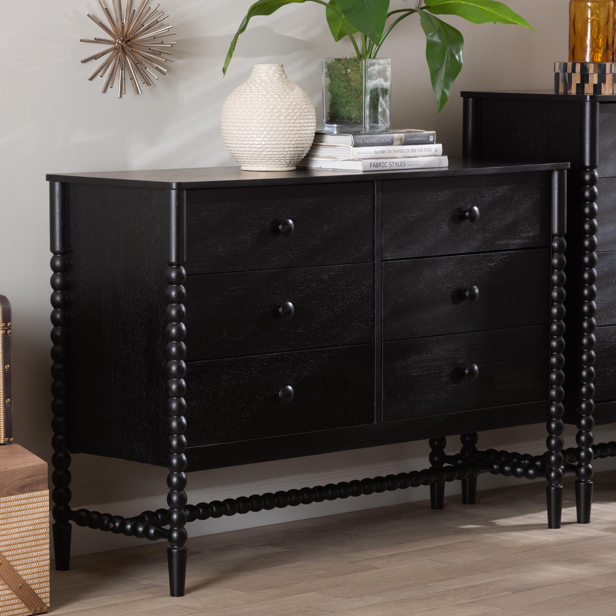 Baxton Studio Brantley Spindle Dresser - 6-Drawer Horizontal Storage Cabinet with Beaded Frame and Elevated Base for Bedroom, Black