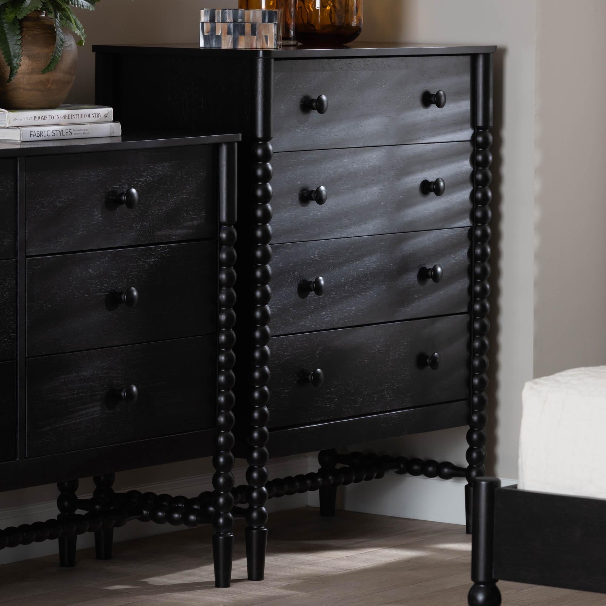 Baxton Studio Brantley Spindle Chest - 4-Drawer Vertical Storage Cabinet with Beaded Frame and Elevated Base for Bedroom, Black
