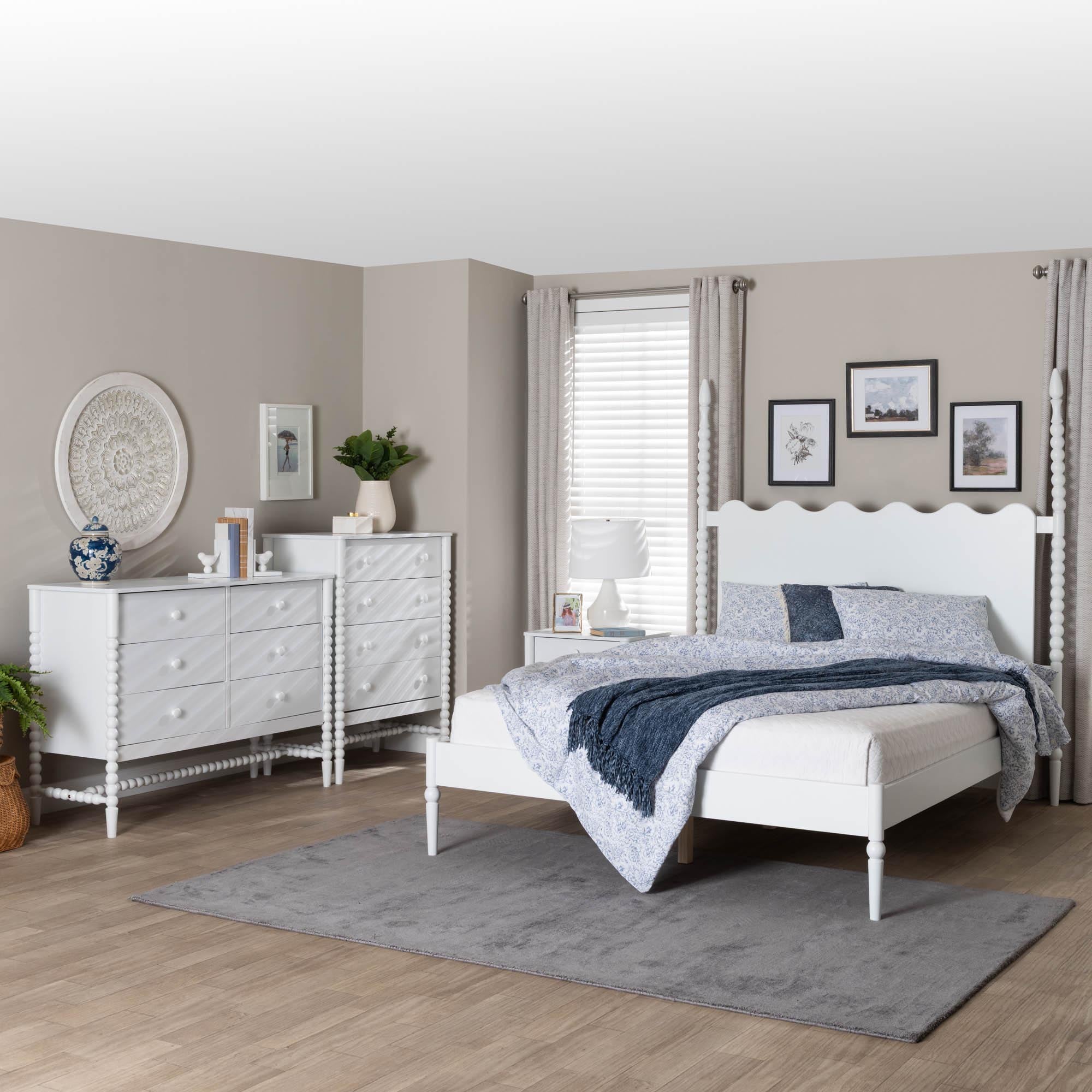 Baxton Studio Brantley Spindle 4-Piece Bedroom Set - Farmhouse Bed Frame with Matching Dresser, Chest, and 1-Drawer Nightstand, White, King