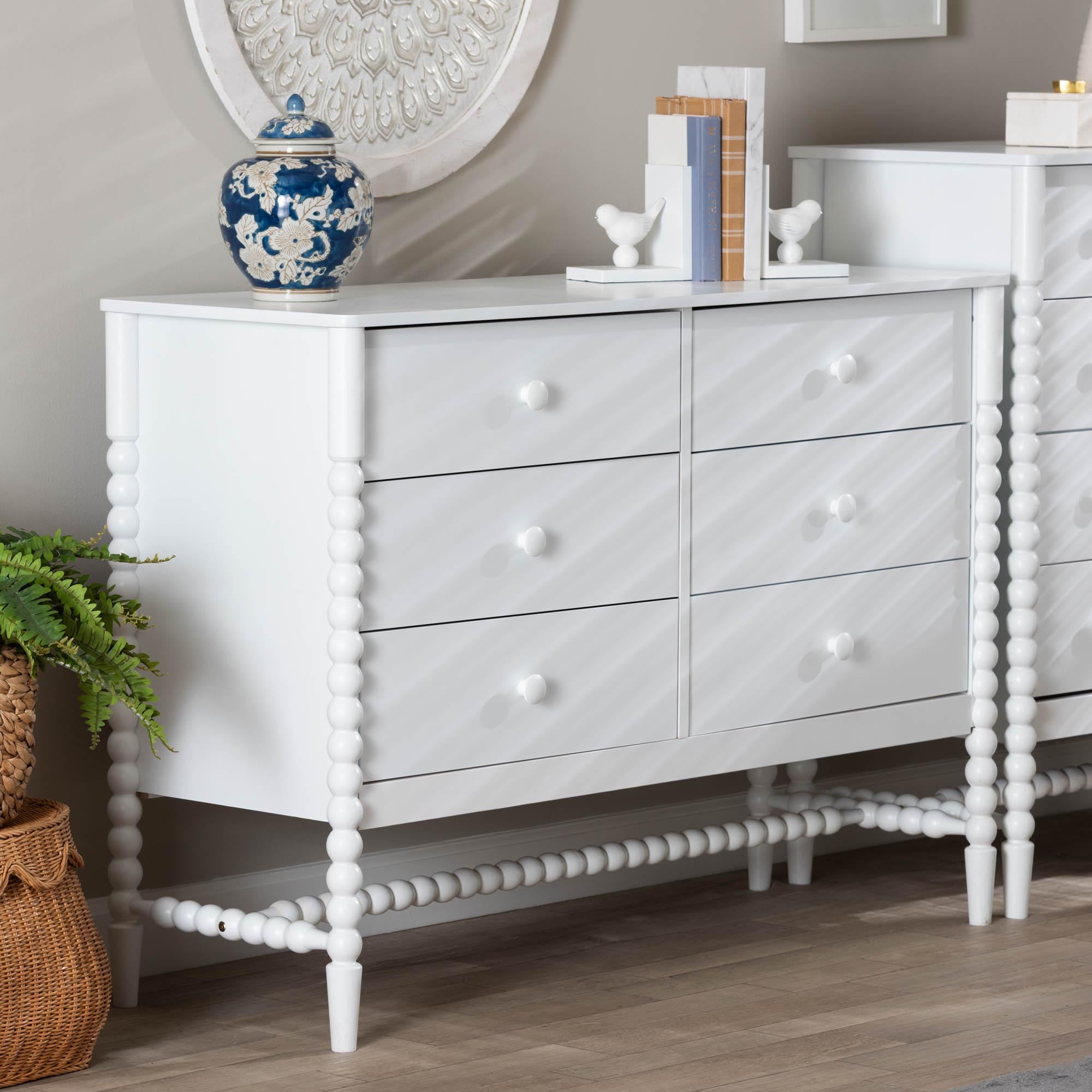 Baxton Studio Brantley Spindle Dresser - 6-Drawer Horizontal Storage Cabinet with Beaded Frame and Elevated Base for Bedroom, White