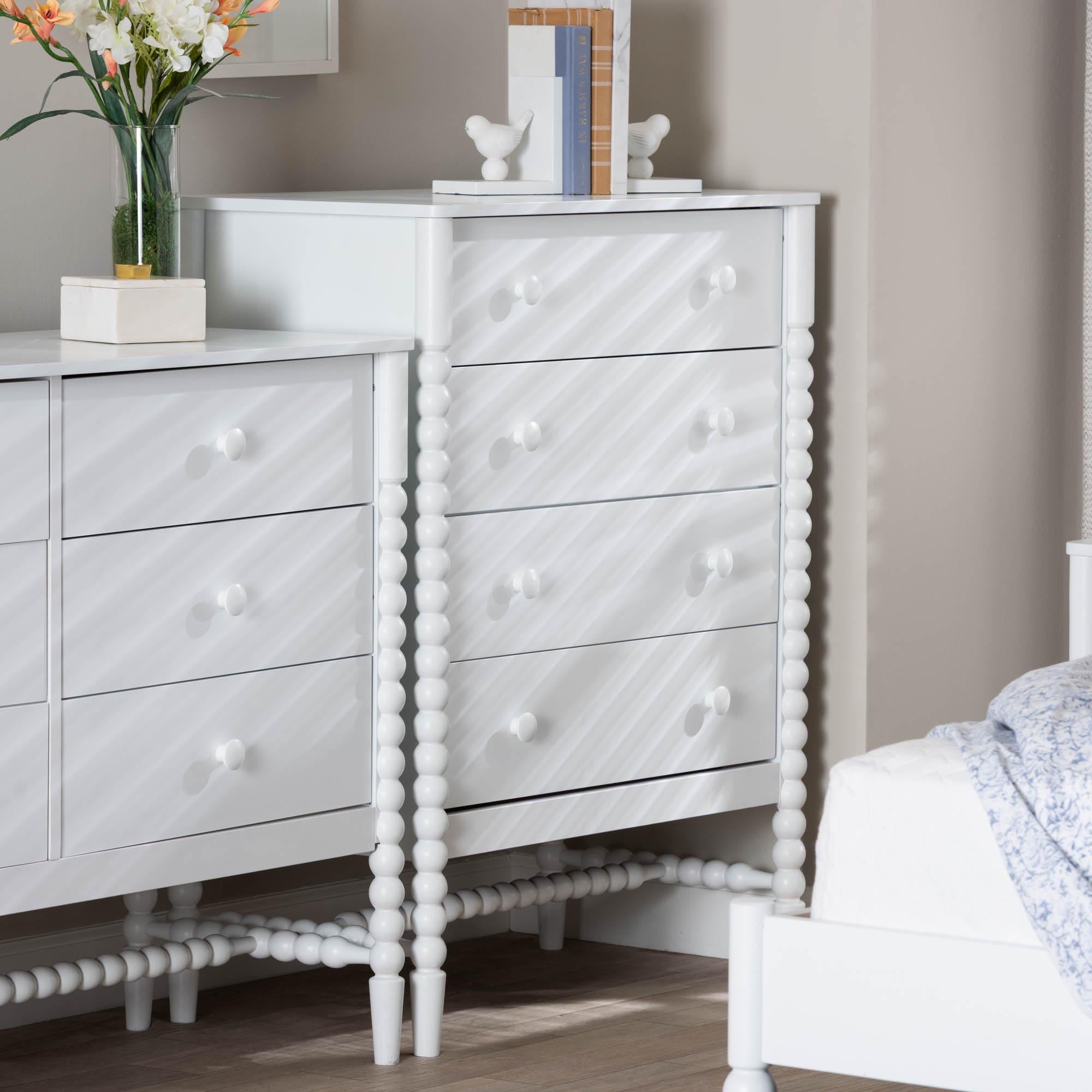 Baxton Studio Brantley Spindle Chest - 4-Drawer Vertical Storage Cabinet with Beaded Frame and Elevated Base for Bedroom, White