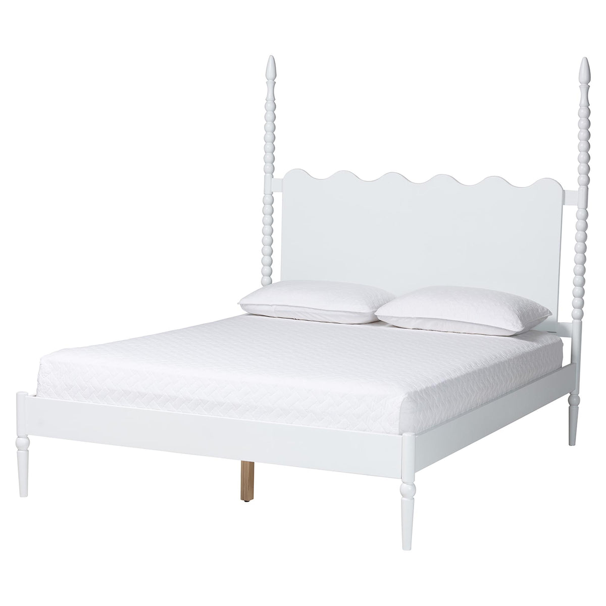 Baxton Studio Brantley Spindle Platform Bed - Farmhouse Bed Frame with Scalloped Headboard and Turned Posts, White, King