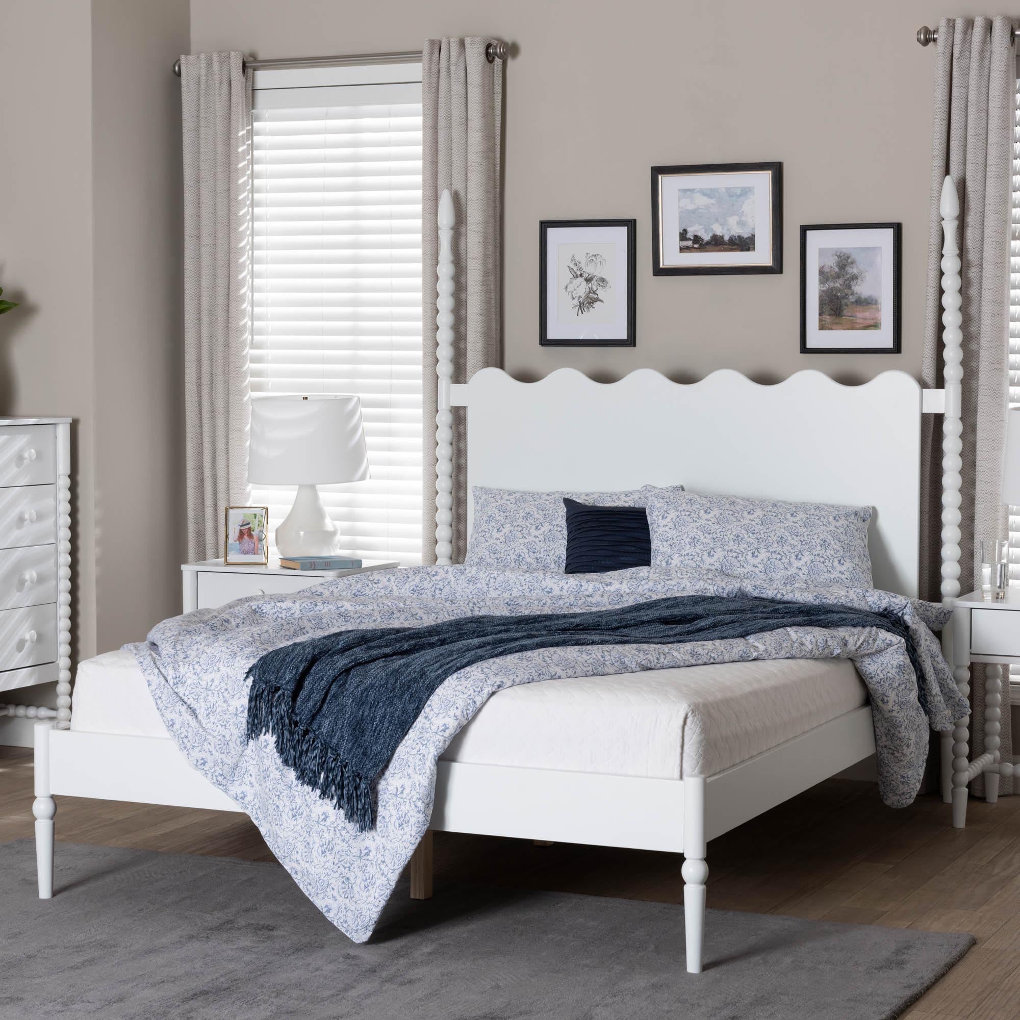 Baxton Studio Brantley Spindle Platform Bed - Farmhouse Bed Frame with Scalloped Headboard and Turned Posts, White, King