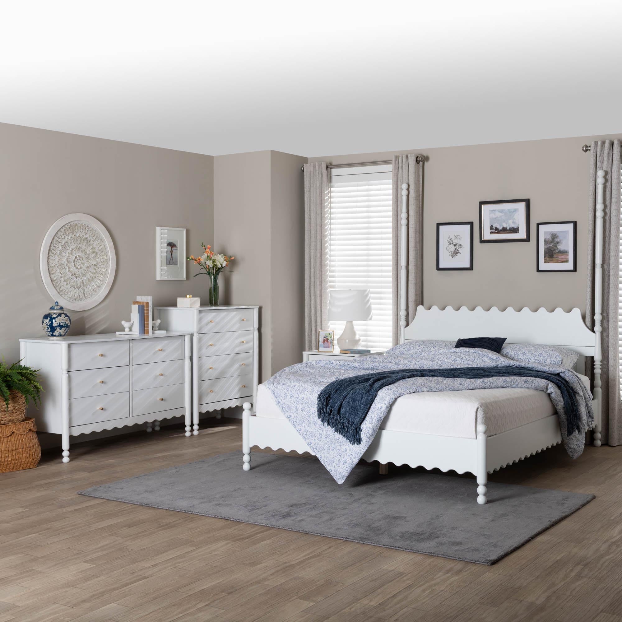 Baxton Studio Hoffman 4-Piece Scalloped Bedroom Set - Farmhouse Bed Frame with Matching Dresser, Chest, and 2-Drawer Nightstand, White, King