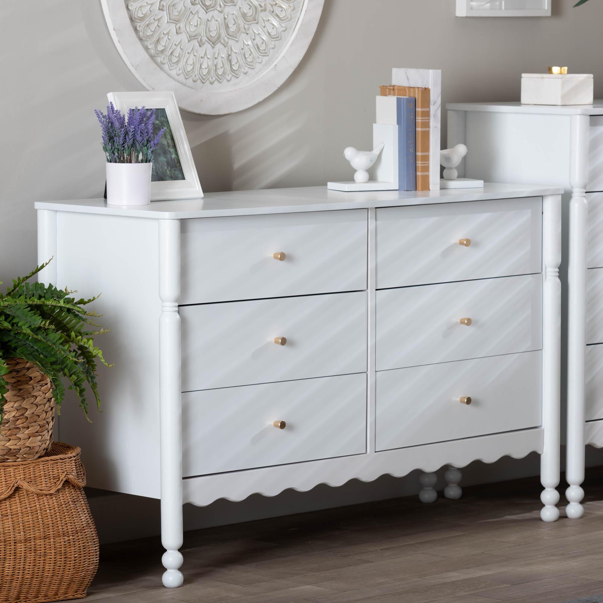 Baxton Studio Hoffman Dresser - 6-Drawer Horizontal Storage Cabinet with Scalloped Apron and Turned Legs for Bedroom, White