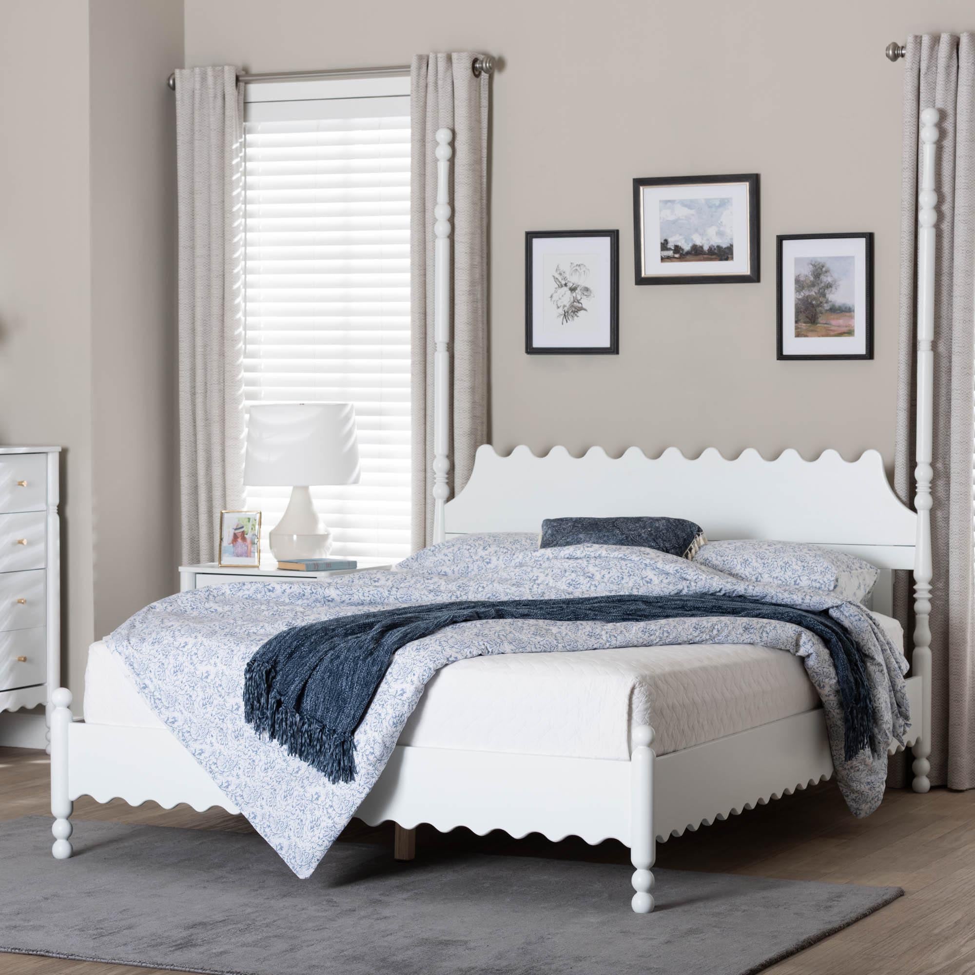 Baxton Studio Hoffman Platform Bed - Farmhouse Bed Frame with Scalloped Design and Turned Posts, White, King