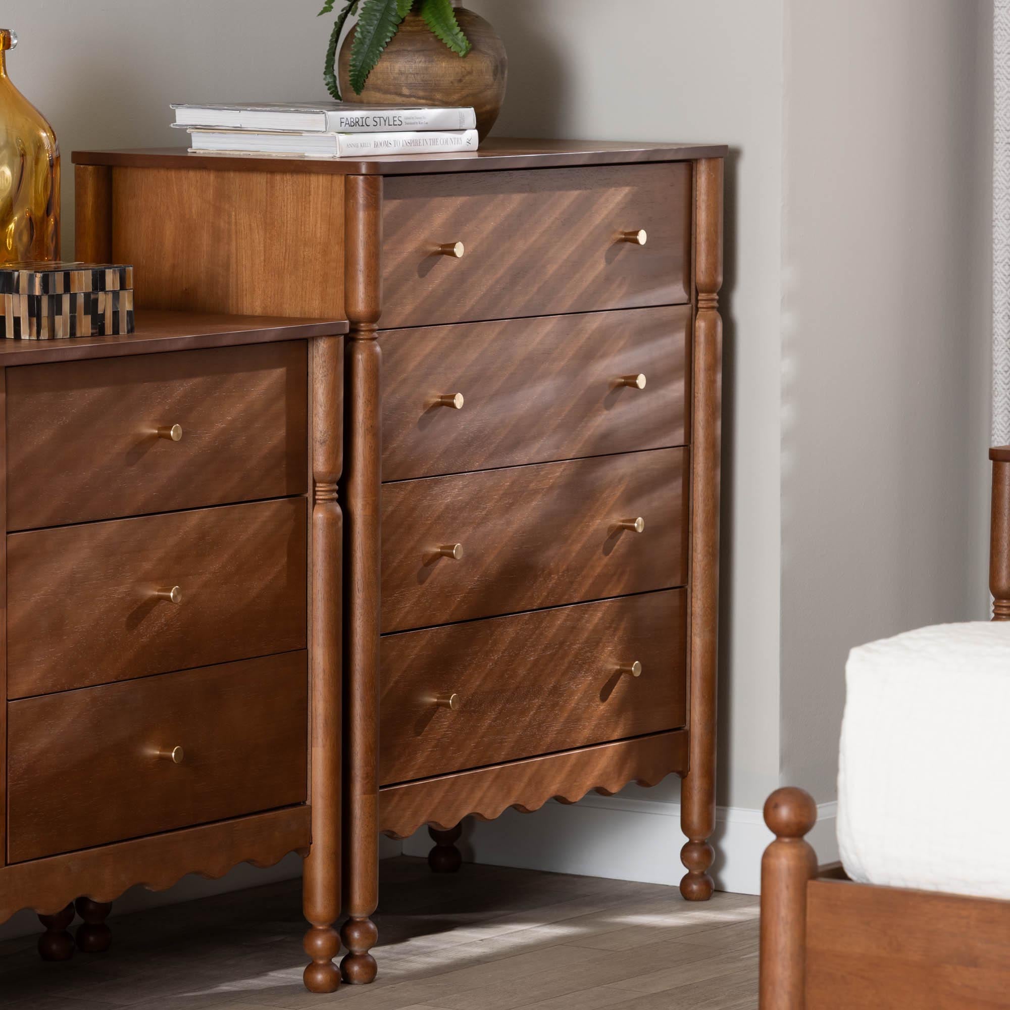 Baxton Studio Hoffman Chest - 4-Drawer Vertical Storage Cabinet with Scalloped Apron and Turned Legs for Bedroom, Walnut Brown