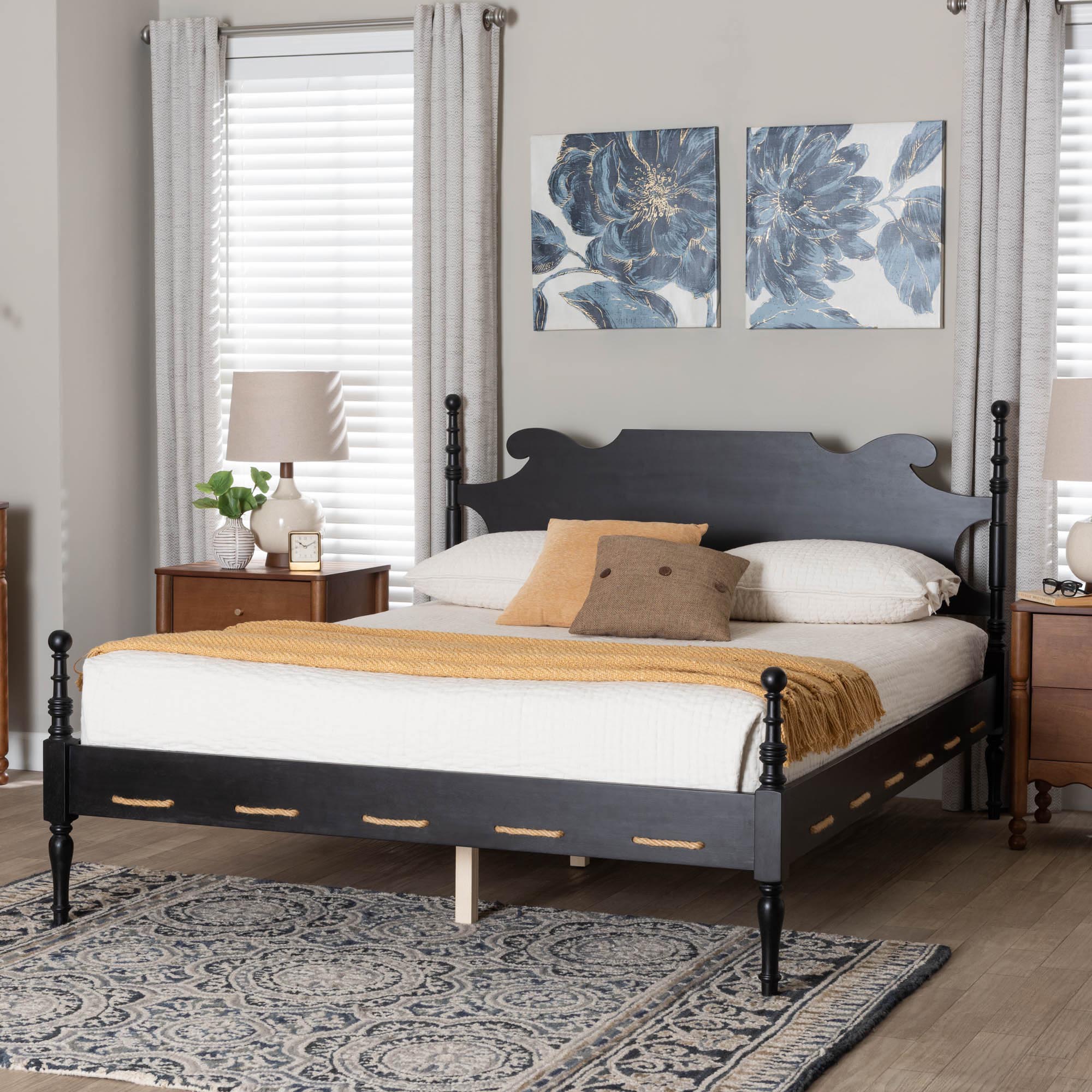 Baxton Studio Gaetano Platform Bed - Four Poster Bed Frame with Turned Posts and Panel Headboard for Bedroom, Black, Queen