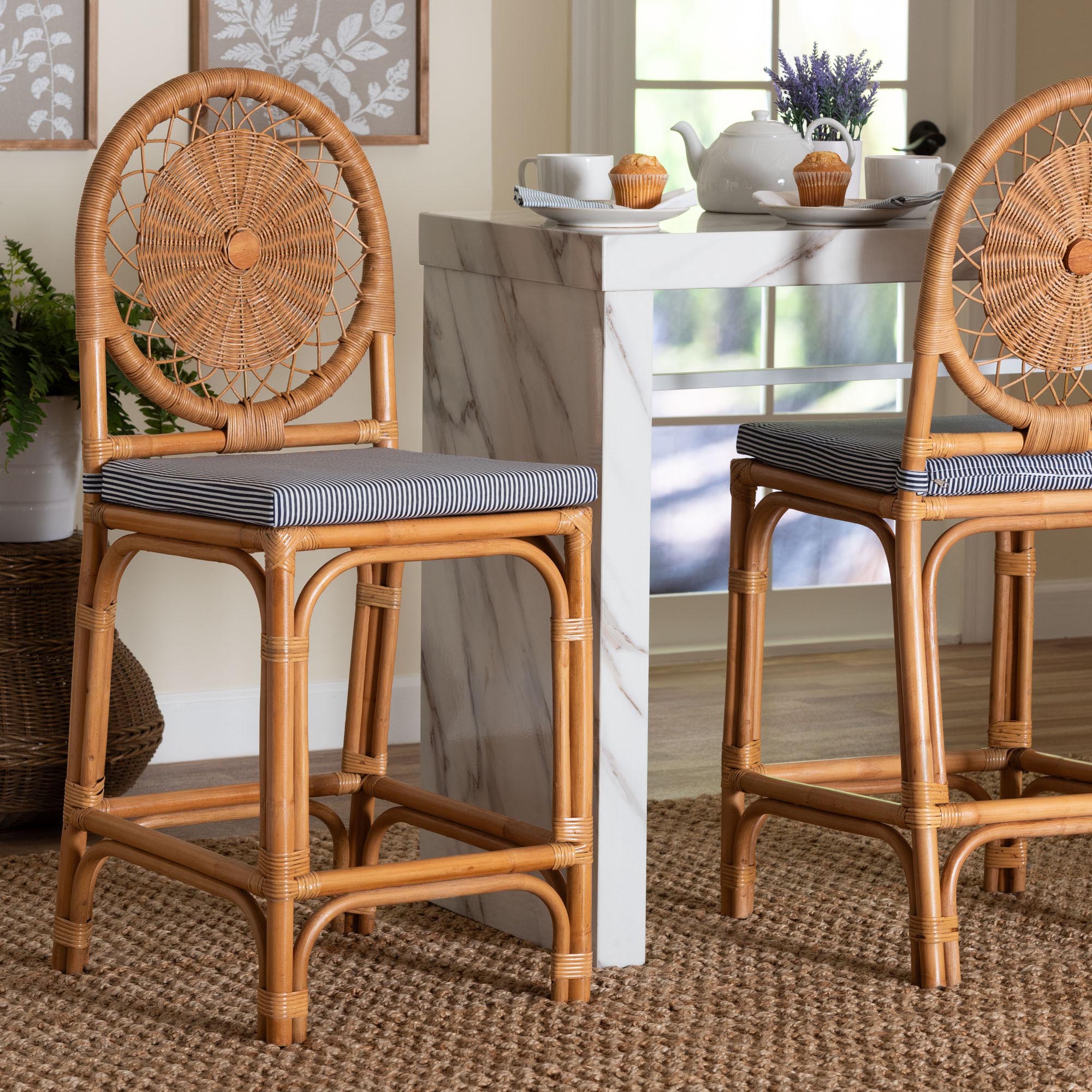 Oberon Natural Rattan Counter Stool with Cushion - Handwoven Wicker Kitchen Island Seating with Sunburst Backrest