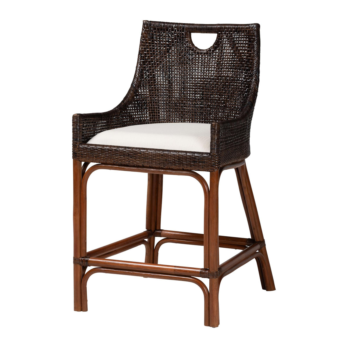 Petra Natural Rattan Counter Stool - Handwoven Wicker Accent Stool with Wingback Profile and Cutout Handle, Espresso
